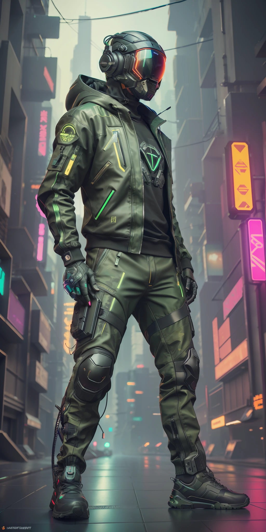 (masterpiece, full body shot, intricate raw photography) Cyberpunk citizen, comfortable super oversized asymetrical  
green camouflage pattern techwear jacket, black hoodie, black cargo pants, black clothing, dark, wearing a futuristic black high-tech helmet daft punk style, aerodynamic, intricate, futuristic, advanced technology, dark environment, dramatic, light and shadow, cinematic, action movie, sharpness, random relaxed position, cyberpunk city, street neon lights, dark street, night, insta photo, photo of the year,  octane render, substance, Maya 3D, cinema4D, ArtStation Trending, Devian Art Trend,