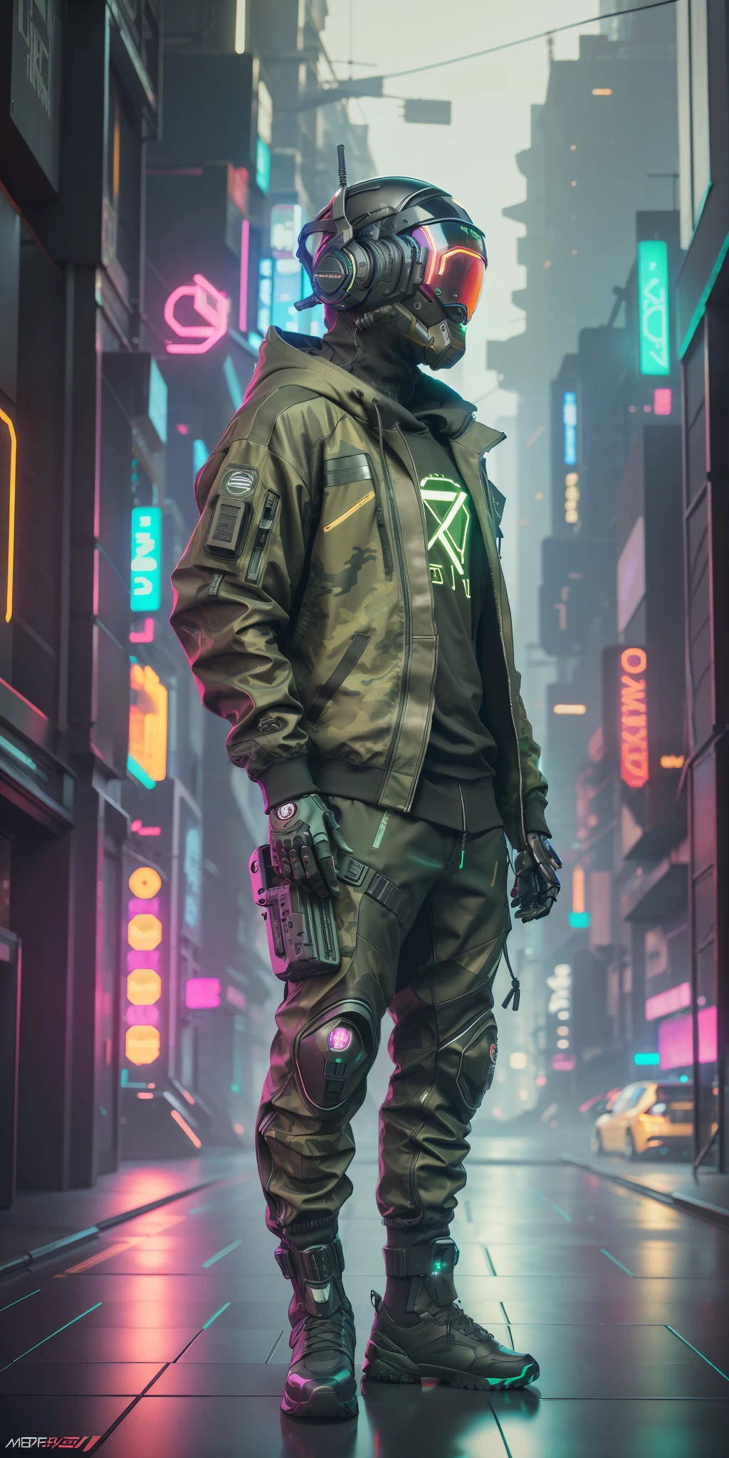 (masterpiece, full body shot, intricate raw photography) Cyberpunk citizen, comfortable super oversized asymetrical  
green camouflage pattern techwear jacket, black hoodie, black cargo pants, black clothing, dark, wearing a futuristic black high-tech helmet daft punk style, aerodynamic, intricate, futuristic, advanced technology, dark environment, dramatic, light and shadow, cinematic, action movie, sharpness, random relaxed position, cyberpunk city, street neon lights, dark street, night, insta photo, photo of the year,  octane render, substance, Maya 3D, cinema4D, ArtStation Trending, Devian Art Trend,