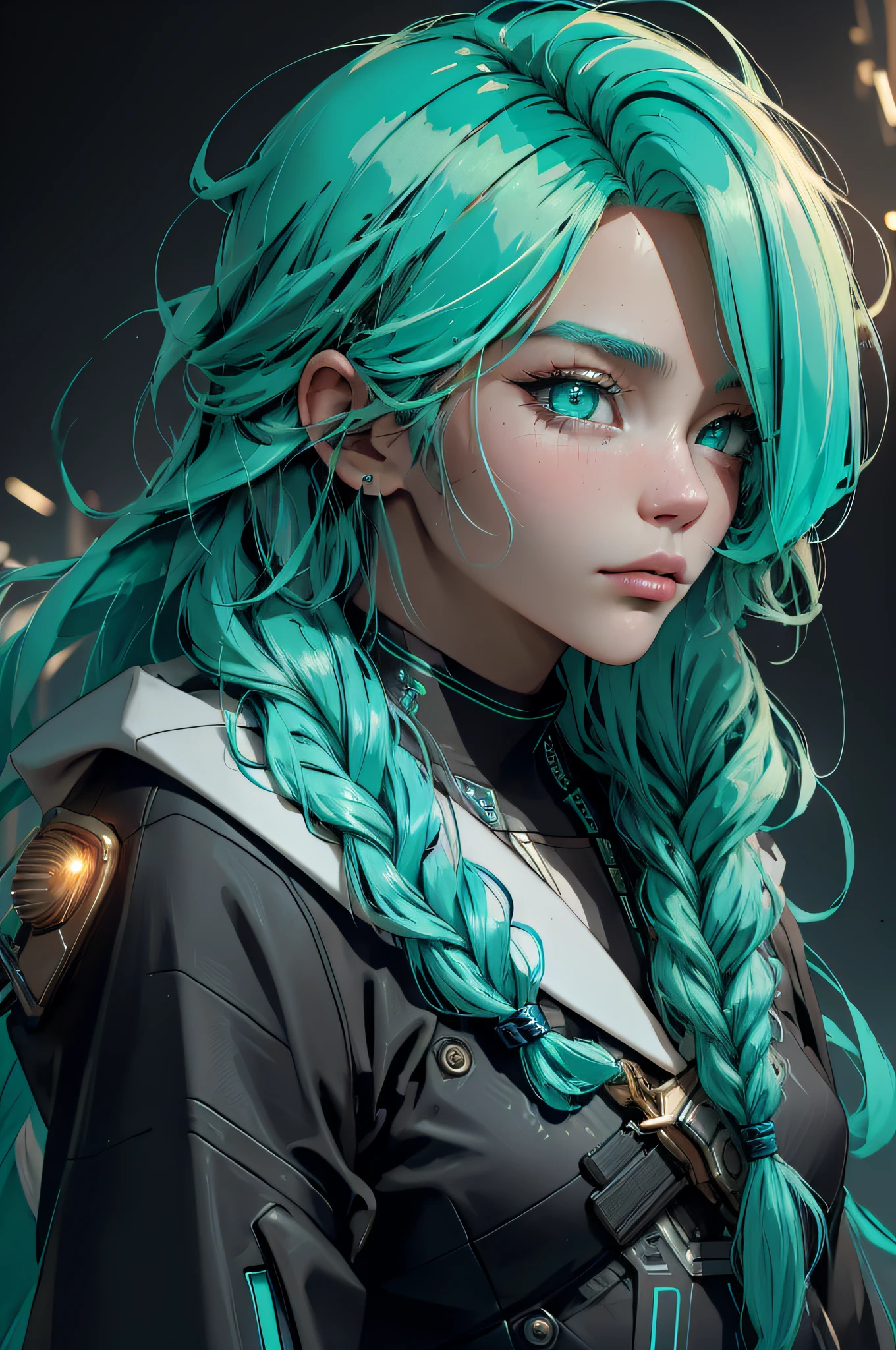 ((high quality:1.2, masterpiece:1.2)), 1girl, beautiful face, golden hour, (teal hair, teal eyes, waterfall braid), cyberpunk, futuristic, dynamic pose, (face shot, upper body), (noon, neon background:1.2), absurdres, high details, detailed and intricate, best lighting, sharp focus, realistic lighting, cold tones, color balance, high contrast, neon lights, neon lighting, teal neon colors