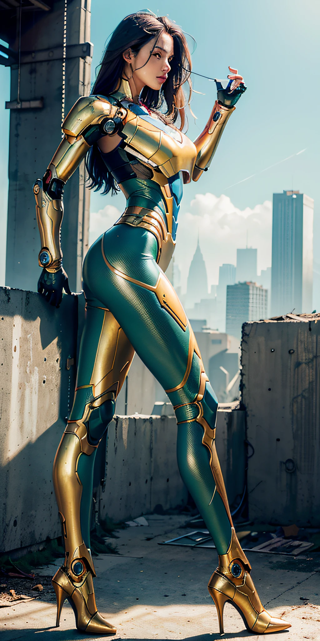 RAW, masterpiece, ultra fine photo,, best quality, ultra high definition, photorealistic, sunlight, full body portrait, stunningly beautiful,, dynamic pose, delicate face, vivid eyes, (side view), she wears futuristic Iron Man mecha, blue and gold yellow and green color scheme, highly detailed abandoned warehouse background, detailed face, detailed and complex busy background, messy and gorgeous, milky white, High Detail Skin, Realistic Skin Details, Visible Pore, Sharp Focus, Volumetric Fog, 8K UHD, DSLR Camera, High Quality, Film Grain, Fair Skin, Photorealism, Lomography, Futuristic Dystopia, Vast Metropolis, View from Below, Translucent