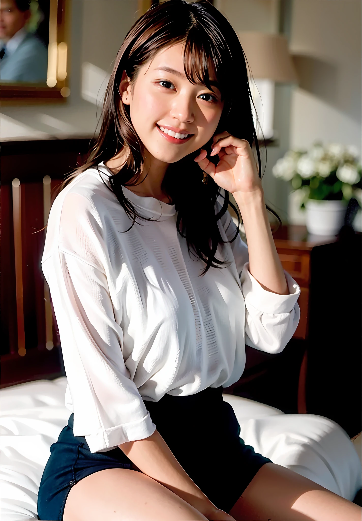 (8k, RAW photo, best quality, masterpiece: 1.2), (realistic: 1.6), (masterpiece), (best quality: 1.0), (highest quality: 1.0), (ultra hi-res: 1.0), detail, 40s, one, detail beautiful skin, detail room, ,realistic skin, middle breast, best quality, ultra high definition, cute, long hair, smile, , white shirt, , sitting on bed,