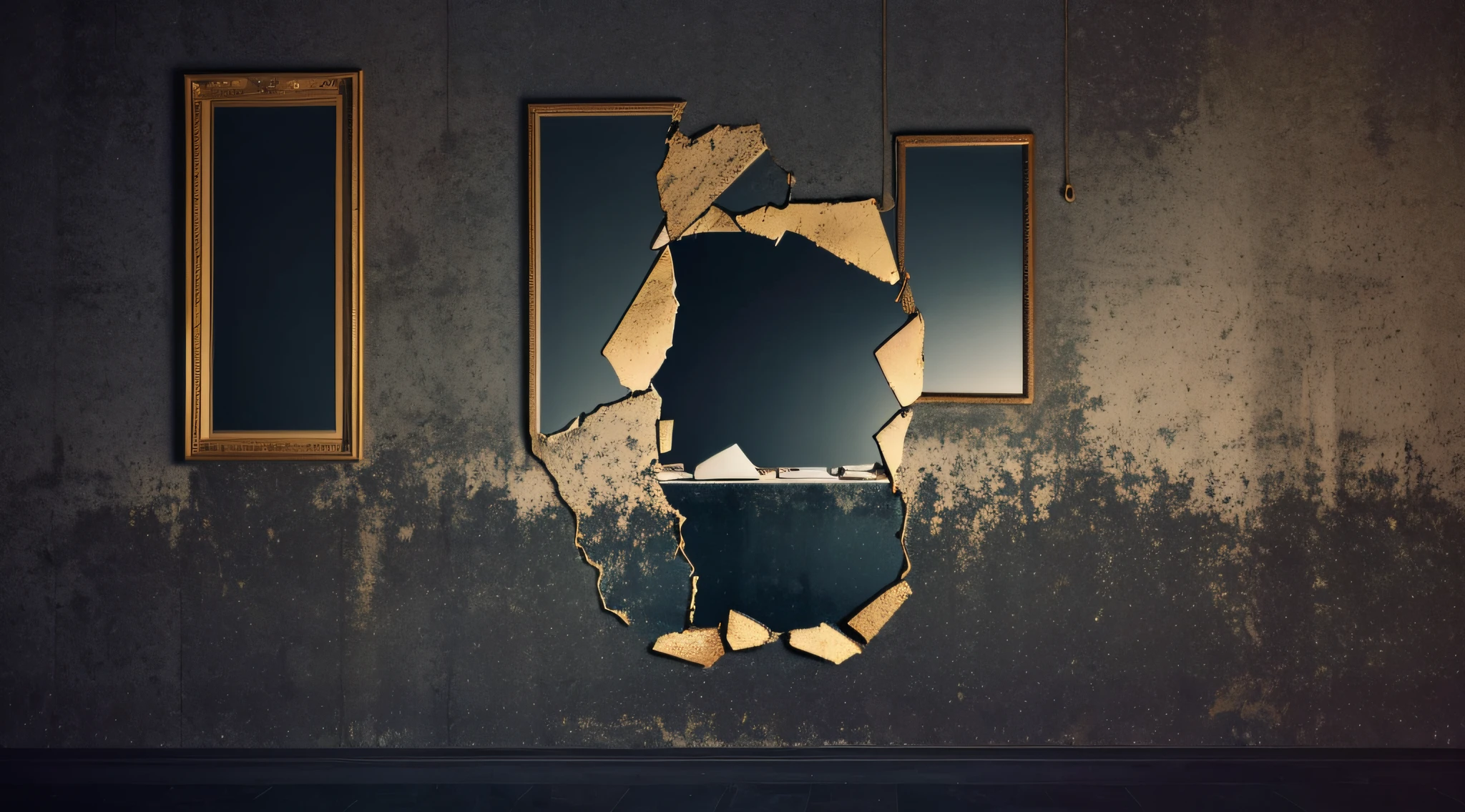 Broken mirror in a dark room at night