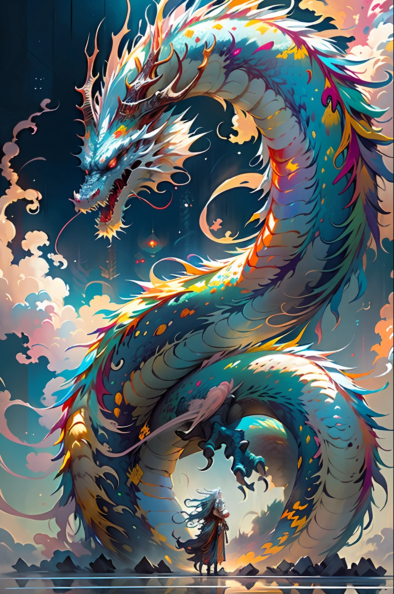 Best quality, masterpiece, super high resolution, Chinese dragon, (length: 1.2), (fine: 1.2), long hair, sharp teeth, red eyes, teeth, huge, bird, outdoor, standing, scales, clouds, horns, from behind, armor, sky, open mouth, confrontation, charge, monster, size difference, white hair, building, valley, (realistic texture: 1.2), (glowing multicolored scales: 1.2), (realistic details: 1.2), hdr, ultra-detailed 3D modeling like Tim Burton, Dale Chihuli, Xiaolongcheng, Cyril Rolando and other authors such as Jr. Giger's style paintings are just as magical. Shadows and lighting intertwine to create brilliant effects.