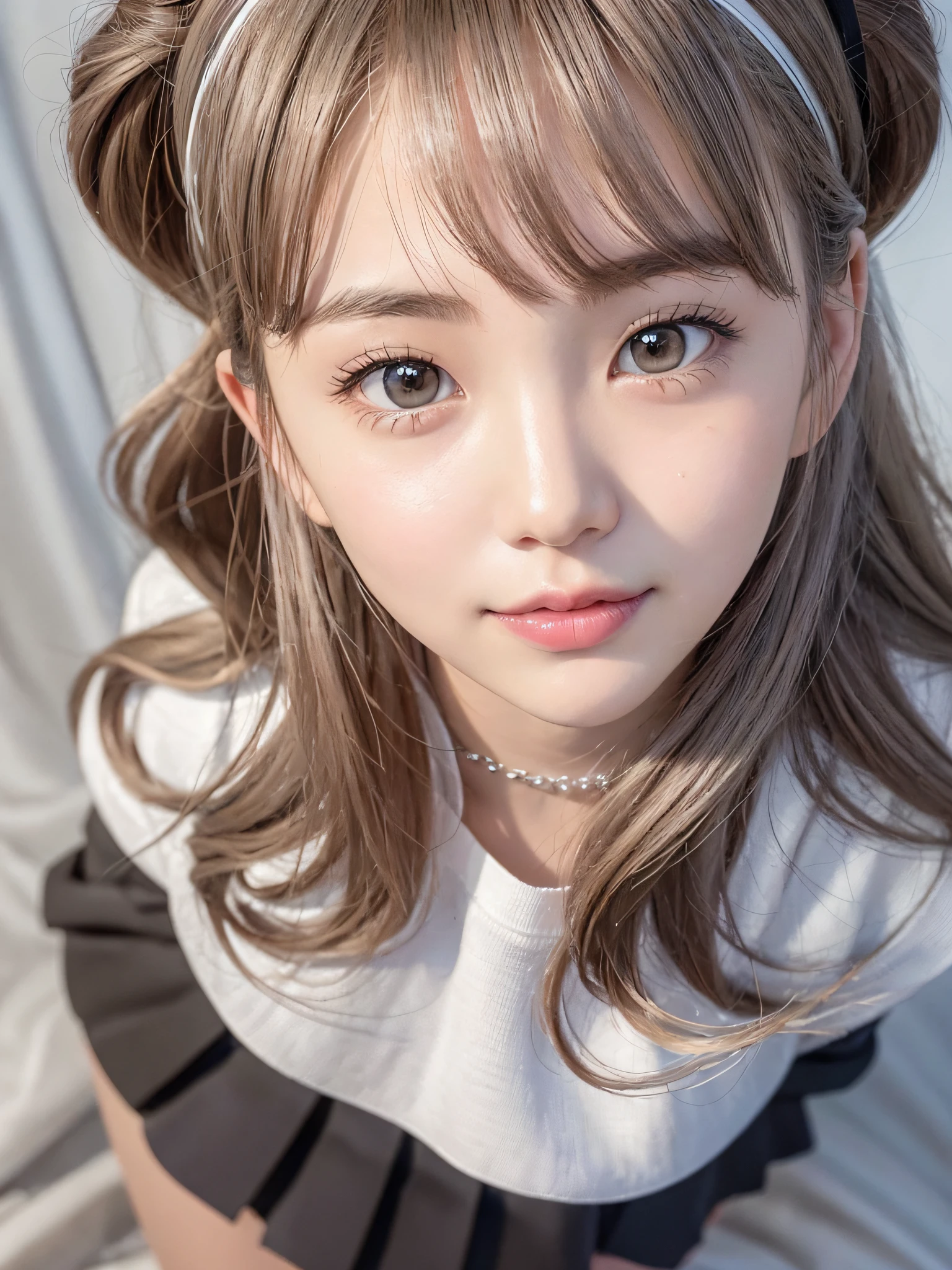 A round face, a pair of big watery eyes, two thin lips, when he smiles, a small mouth will give birth to a pair of sweet dimples, really cute, gentle and beautiful woman, delicate and sexy Clavicle, charming cheeks, double eyelids, vivid peach blossom eyes, pink lips, small nose, bare shoulders, focused face, close-up face, ultra-high-definition, super-detailed, full-body shot, ultra-thin translucent, light gray top With a silver half-length skirt, the wrinkle treatment at the skirt has a slimming effect, and the irregular skirt design has a little more personality. The small white + black socks are literary and fresh.