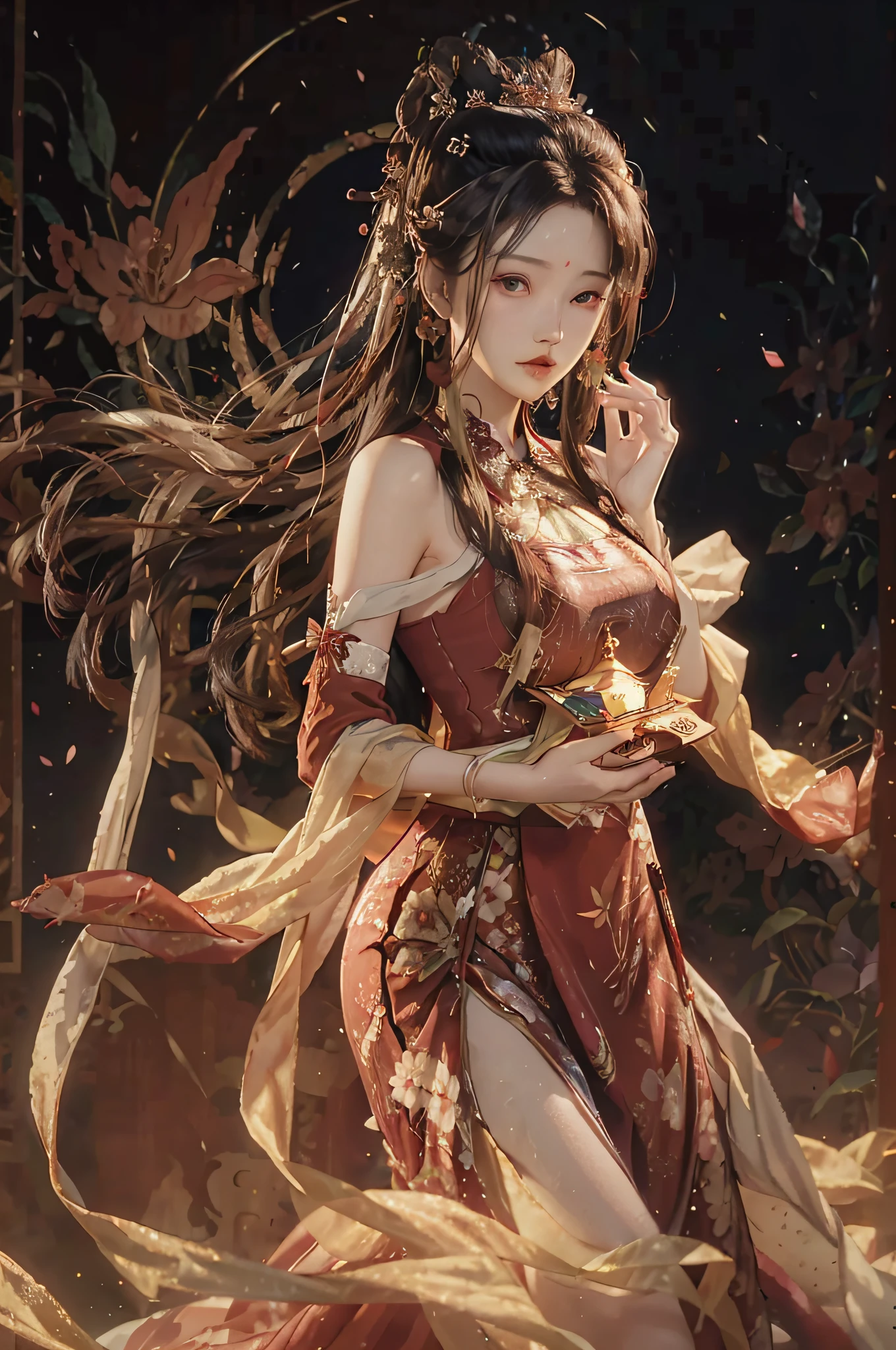 Superb Quality, Masterpiece, High Resolution, (Exquisite Body: 1.5), Stunning Beauty, (Milky Skin: 1.3), Delicate Details, High Resolution, Wallpaper, 1 Woman, Solo, Dress, Hair Accessories, (((Red Dress)) ), Flower, Long Hair, Brown Hair, Shut Up, Accessories, Long Sleeves, Raised Hand, Wide Sleeves, Big Eyes, Flowing Hair, Hanfu, Hanfu, Embroidery, Long Skirt, Natural Pose, Falling Petals, Calf Injury, Sadness, Fanning, Lantern, 16K, HDR, High Resolution, Depth of Field, (Film Grain: 1.1), Bocon, Primetime, (Lens Glow), Vignette, Rainbow, (Grading: 1.5) CG Unity 8k Wallpaper, Ink, Amazing, Cinematic Lights, lens_flare, dunhuang_style