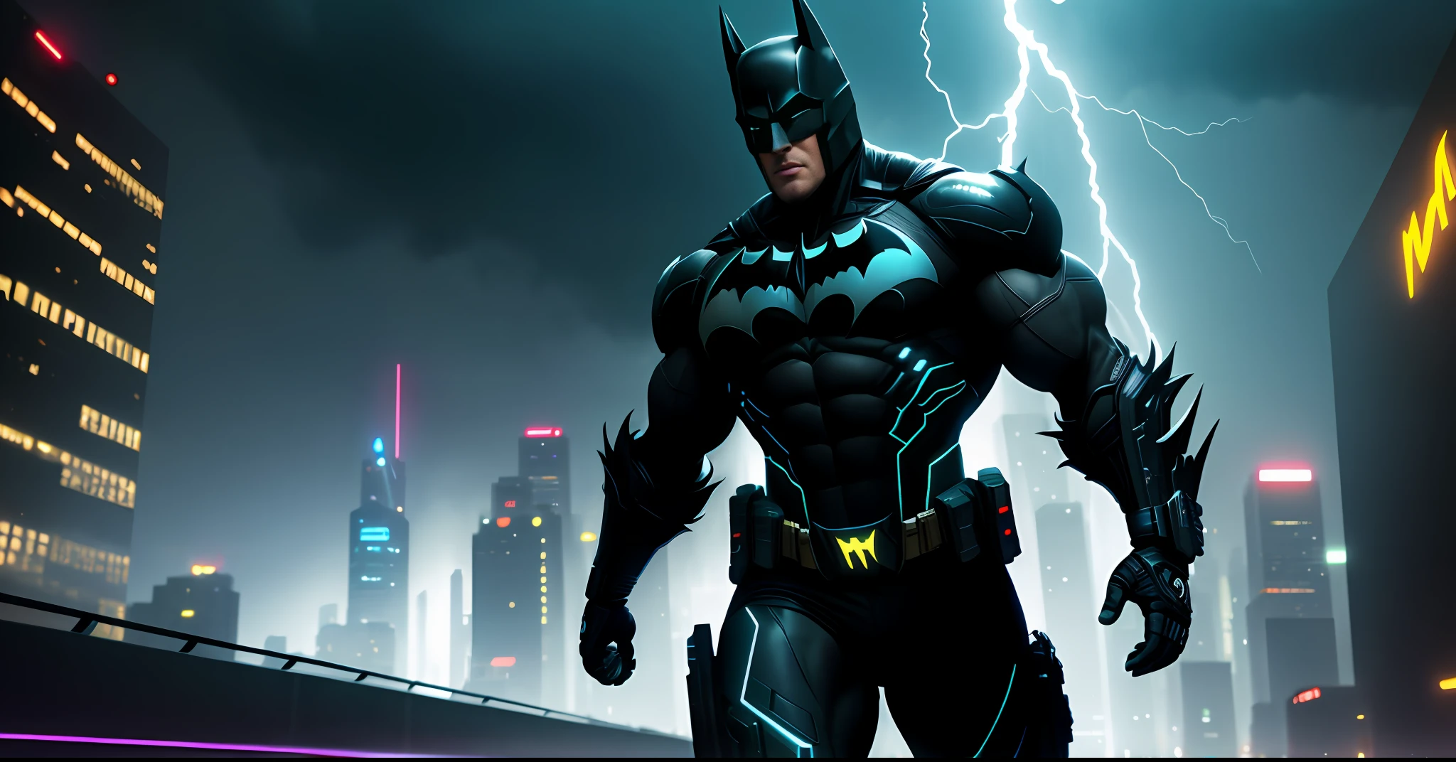 cyberpunk batman, bodybuilder, running, in the background a city, lightning in the sky, ultra details, ultra realistic, cinematic , octane render, 16