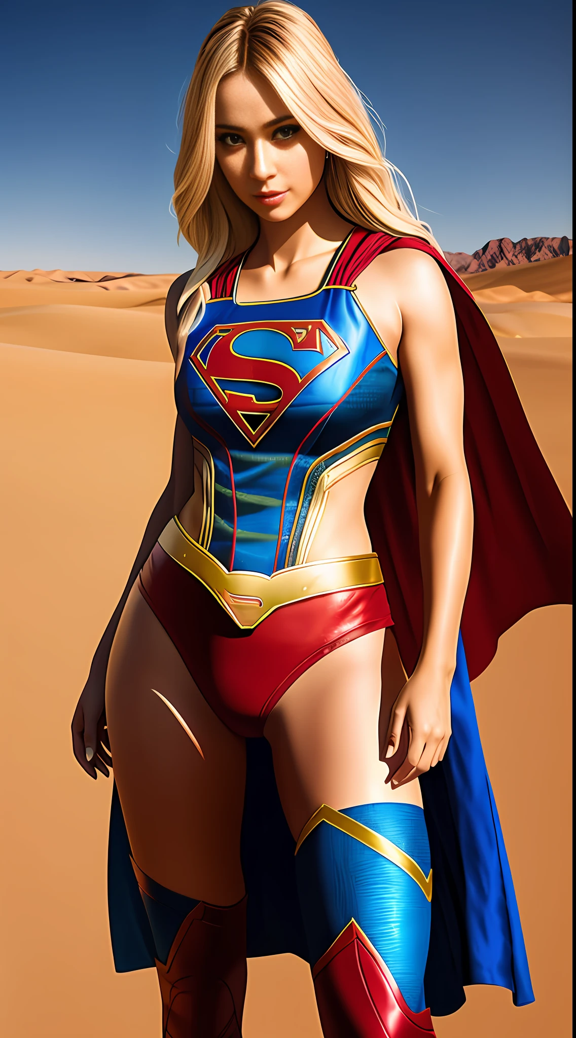 Create the sasha calle, photo of (Supergirl:1.1), Full body photography of the most beautiful artwork in the world, a beautiful woman in intricate costume burning in the desert, rainbow colors, ArtStation, CGSociety, complex, high detail, clear focus, dramatic, realistic pictorial art trends Greg Rutkovsky