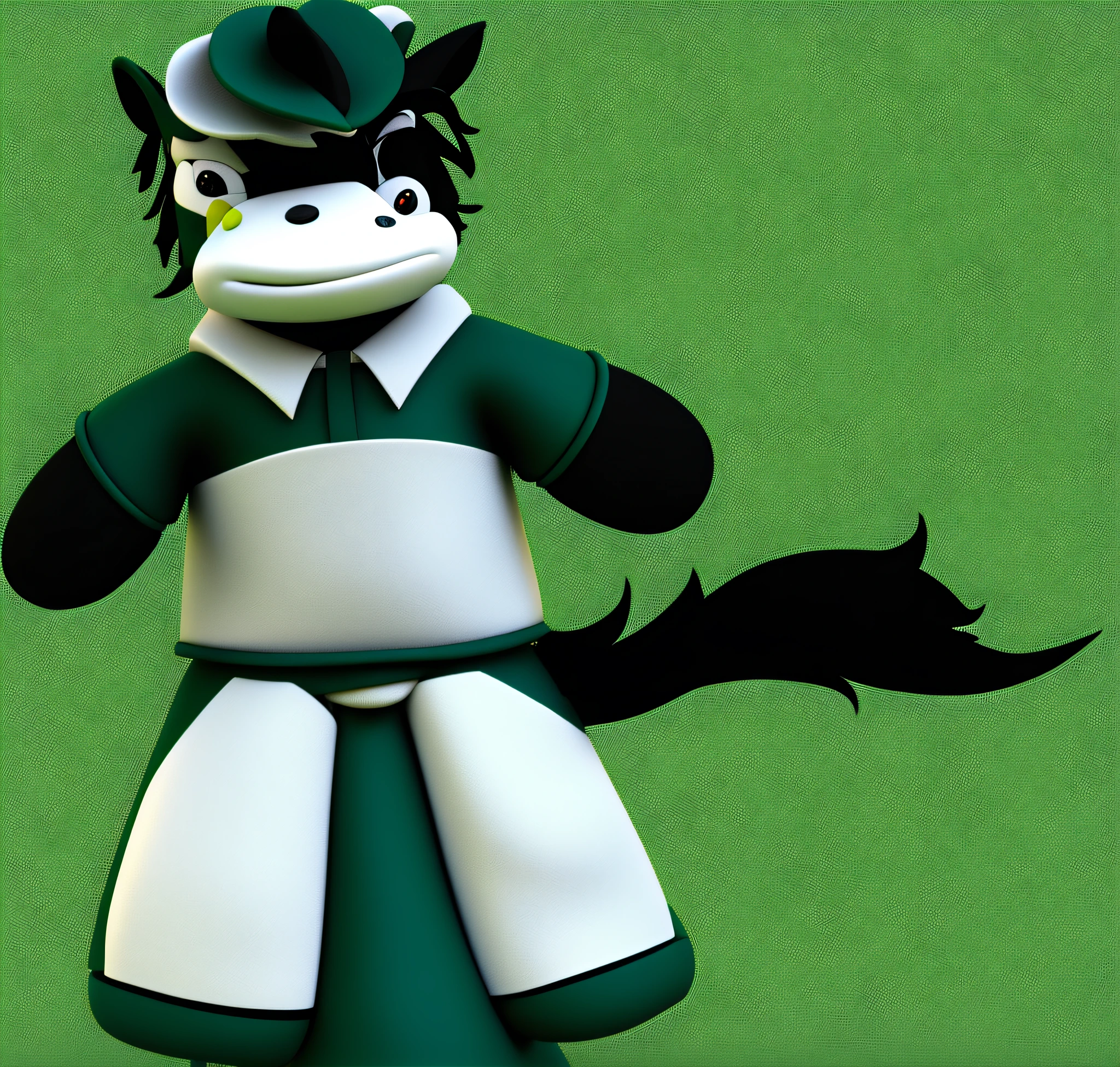 The cartoon horse wears a white shirt, gray pants, and has white skin and hair, mixed with some green in his hair, and renders it based on a 3D model.