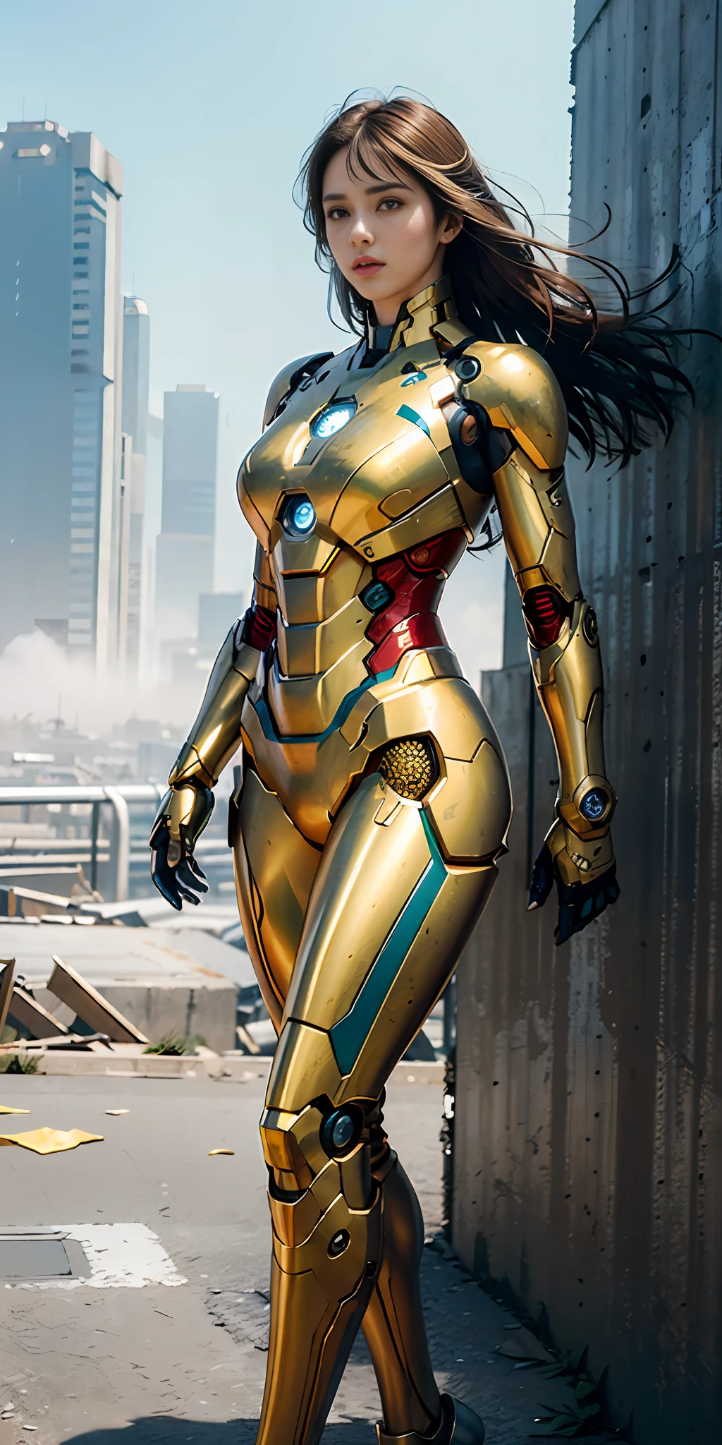 RAW, masterpiece, ultra fine photo,, best quality, ultra high definition, photorealistic, sunlight, full body portrait, stunningly beautiful,, dynamic pose, delicate face, vivid eyes, (side view), she wears futuristic Iron Man mecha, blue and gold yellow and green color scheme, highly detailed abandoned warehouse background, detailed face, detailed and complex busy background, messy and gorgeous, milky white, High Detail Skin, Realistic Skin Details, Visible Pore, Sharp Focus, Volumetric Fog, 8K UHD, DSLR Camera, High Quality, Film Grain, Fair Skin, Photorealism, Lomography, Futuristic Dystopia, Vast Metropolis, View from Below, Translucent