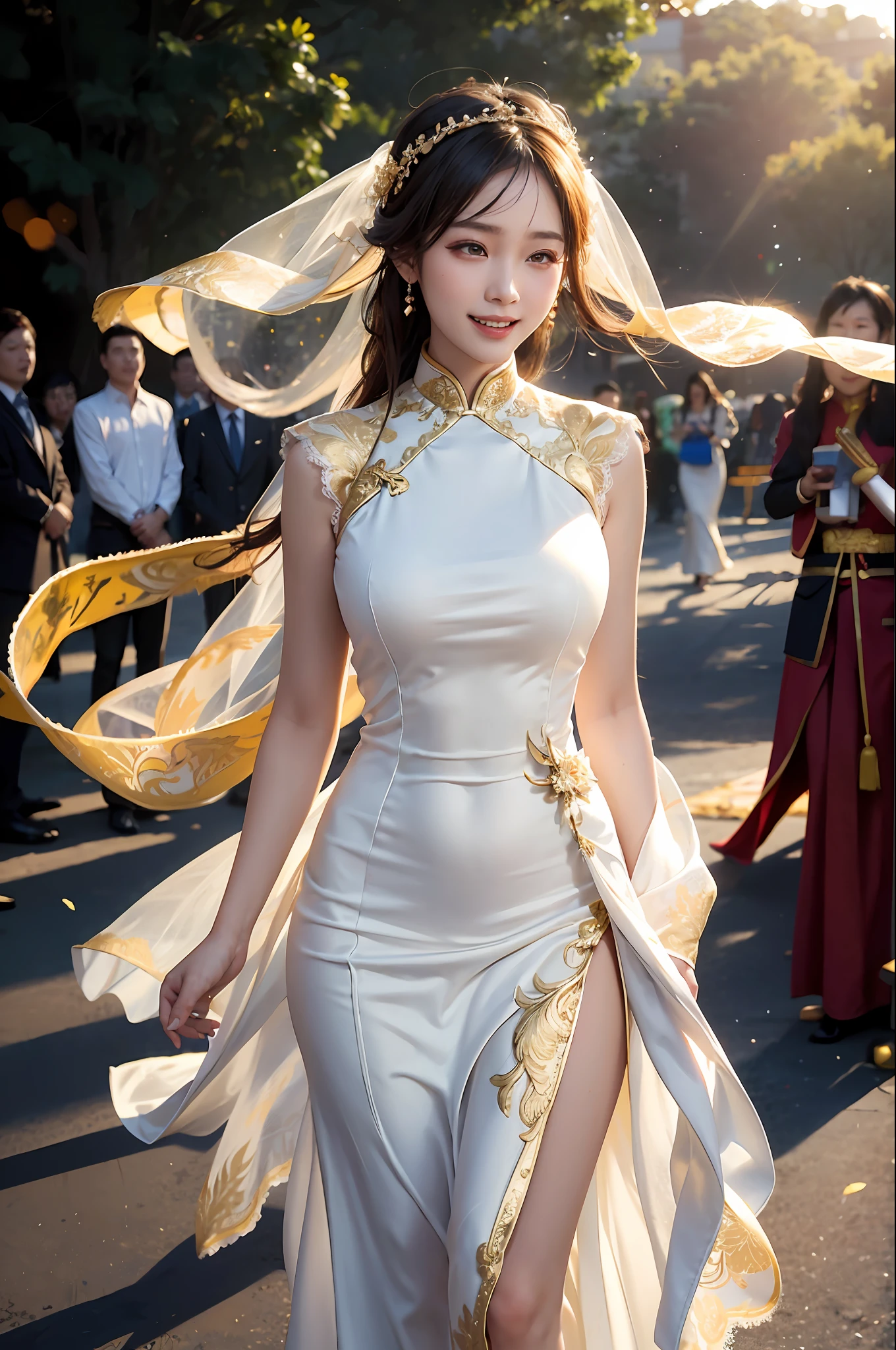 1 girl,, (huge laughter), sweet, sun glare, conservative dress, high neck Chinese wedding lace maxi dress, gold phoenix pattern, Chinese bridal veil, bokeh, depth of field, blurred background, light particles, strong wind, head tilt,