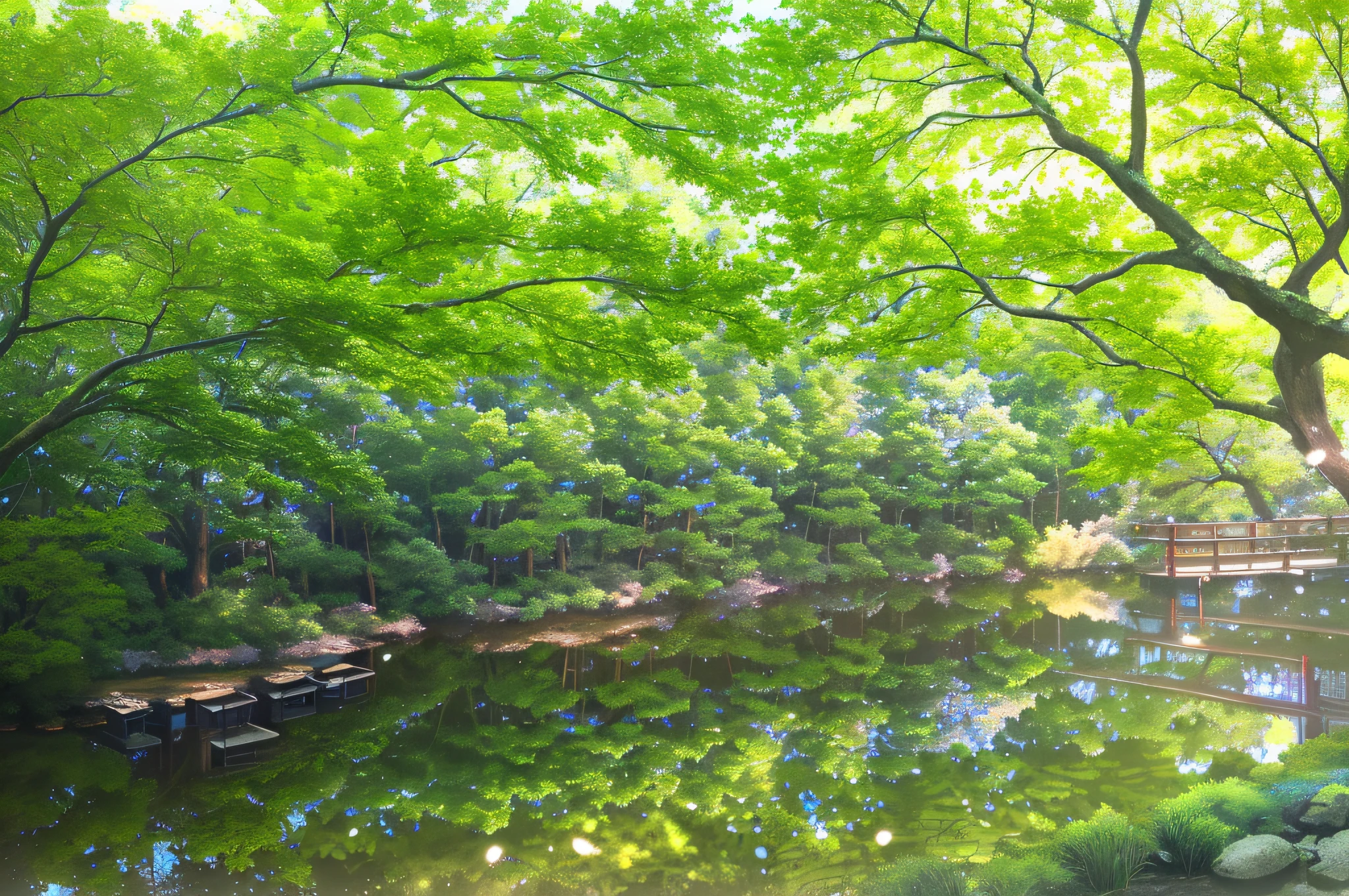 trees and water in a forest with a bench and a bench, river in a forest, japan lush forest, lake in the forest, forest and river, japan nature, river with low hanging plants, river in the wood, scenic view of river, green forest, forest with lake, green grasse trees and river, lush japanese landscape, forest scenery