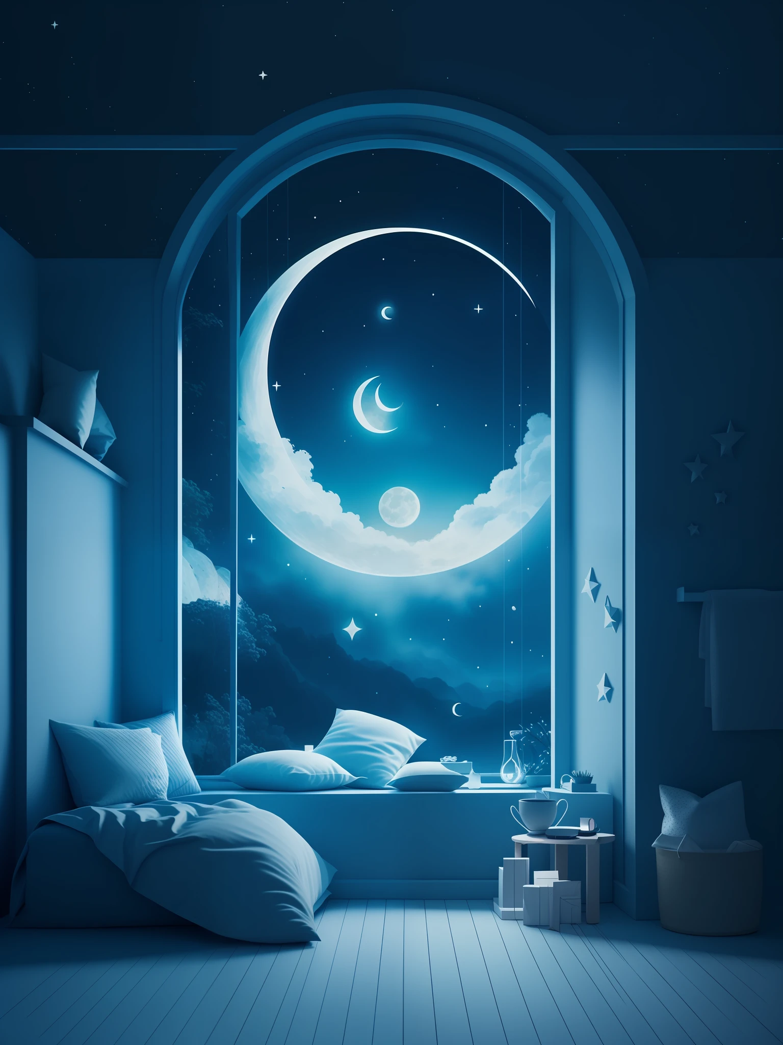 there is a room with a window and a bed with a moon on it, calm night. digital illustration, moonlit night dreamy atmosphere, dreamy night, painting of a dreamscape, detailed dreamscape, moonlit starry sky environment, window to night time, big moon and stars in the sky, moon and stars, moonlight night, beautiful moonlight night, the moon and stars