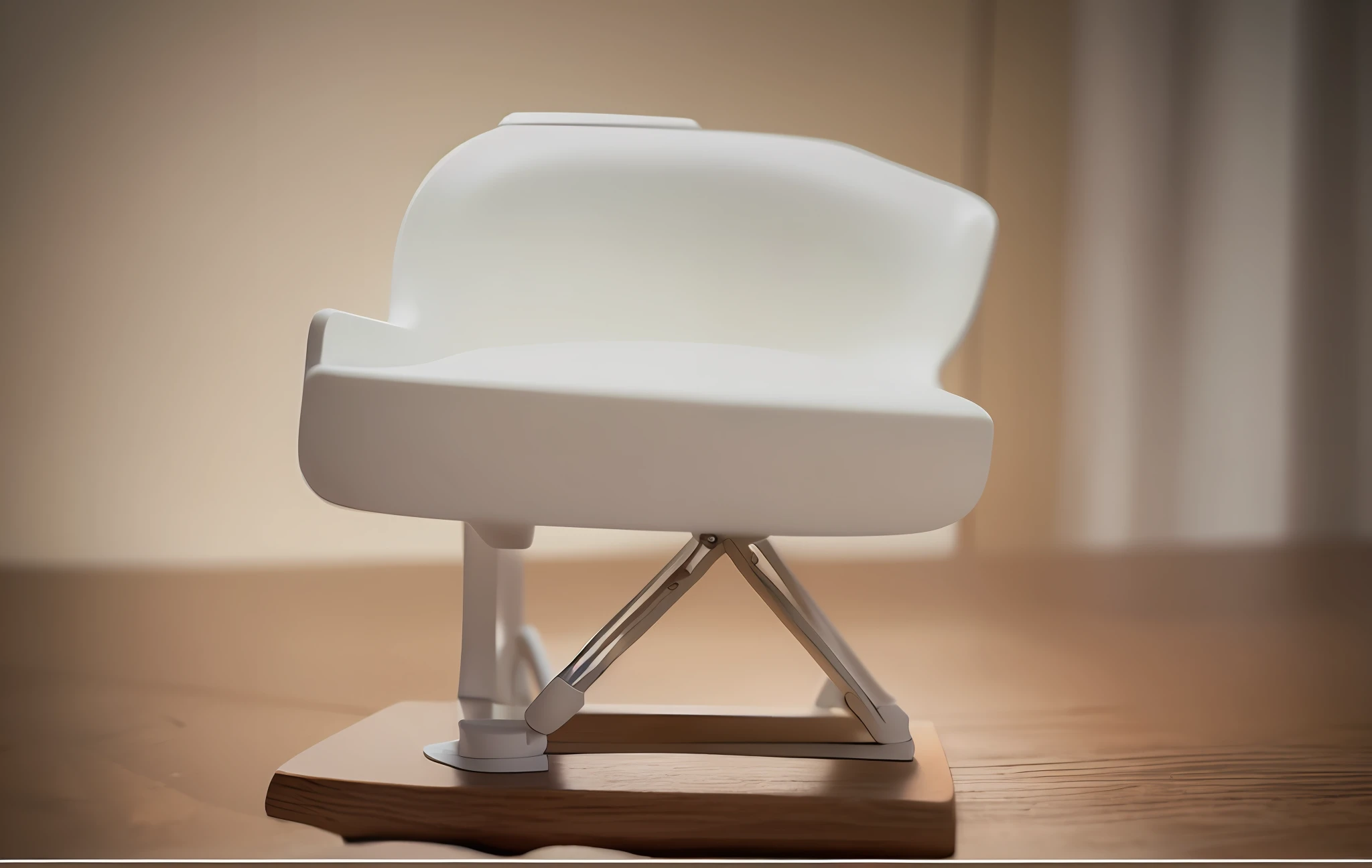 A white chair on wooden frame, white soft leather model with pinholes, product design shot, upper corner view, desktop model, revolver on chair, V-ray, V-ray, 3D modeling, product introduction photo, render in POVray, furniture concept photo!, professional product photo, full length view. White plastic
