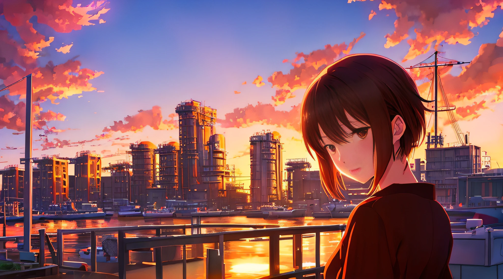 Detailed illustration in anime style, very cute young woman, solo, short brown hair, perfect round gray eyes, wearing a red shirt, industrial area of the harbor with background tinted bright red with sunset, fantastic lighting, dramatic and intense backlighting, Makoto Shinkai anime style