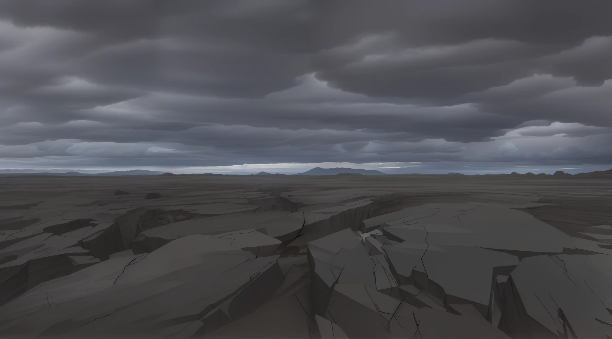 masterpiece, detailed, landscape, cracked ground with some rocks, dark cloudy sky, clouds, dark place, storm,