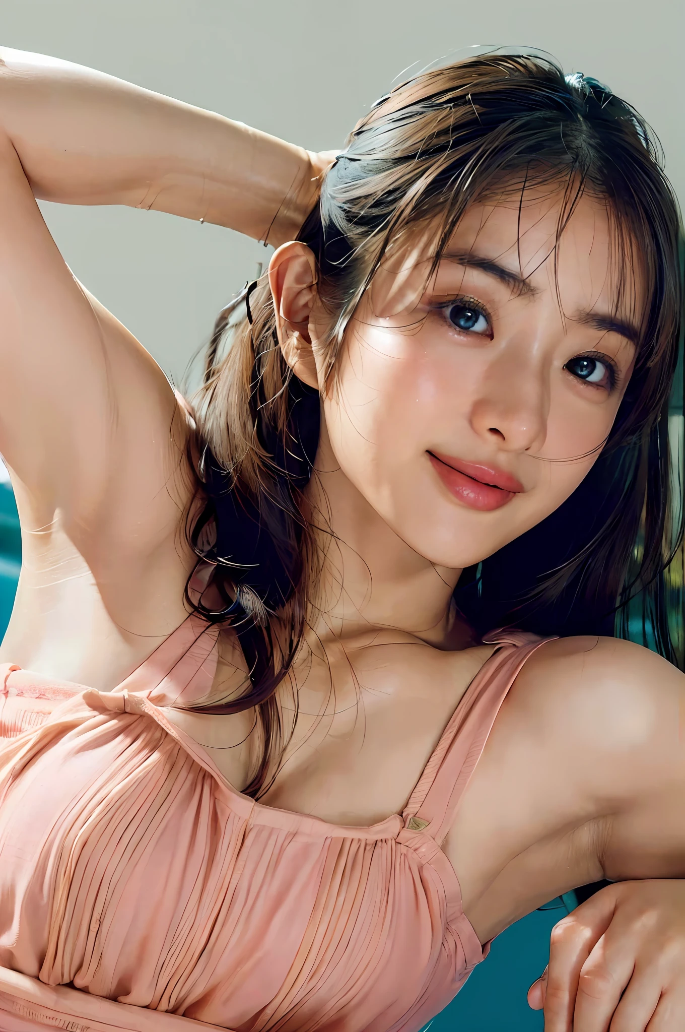(Ultra Real), (Illustration), (High Resolution), (8K), (Very Detailed), (Best Illustration), (Beautiful Detailed Eyes), (Best Quality), (Ultra Detailed), (Masterpiece), (Wallpaper), (Detailed Face), Night, Upper Body Up,Armpits, Smile,Plump,Solo,Simple Pink Tank Top Girl, Sweaty, Japan Person, Big, (Camel Toe)