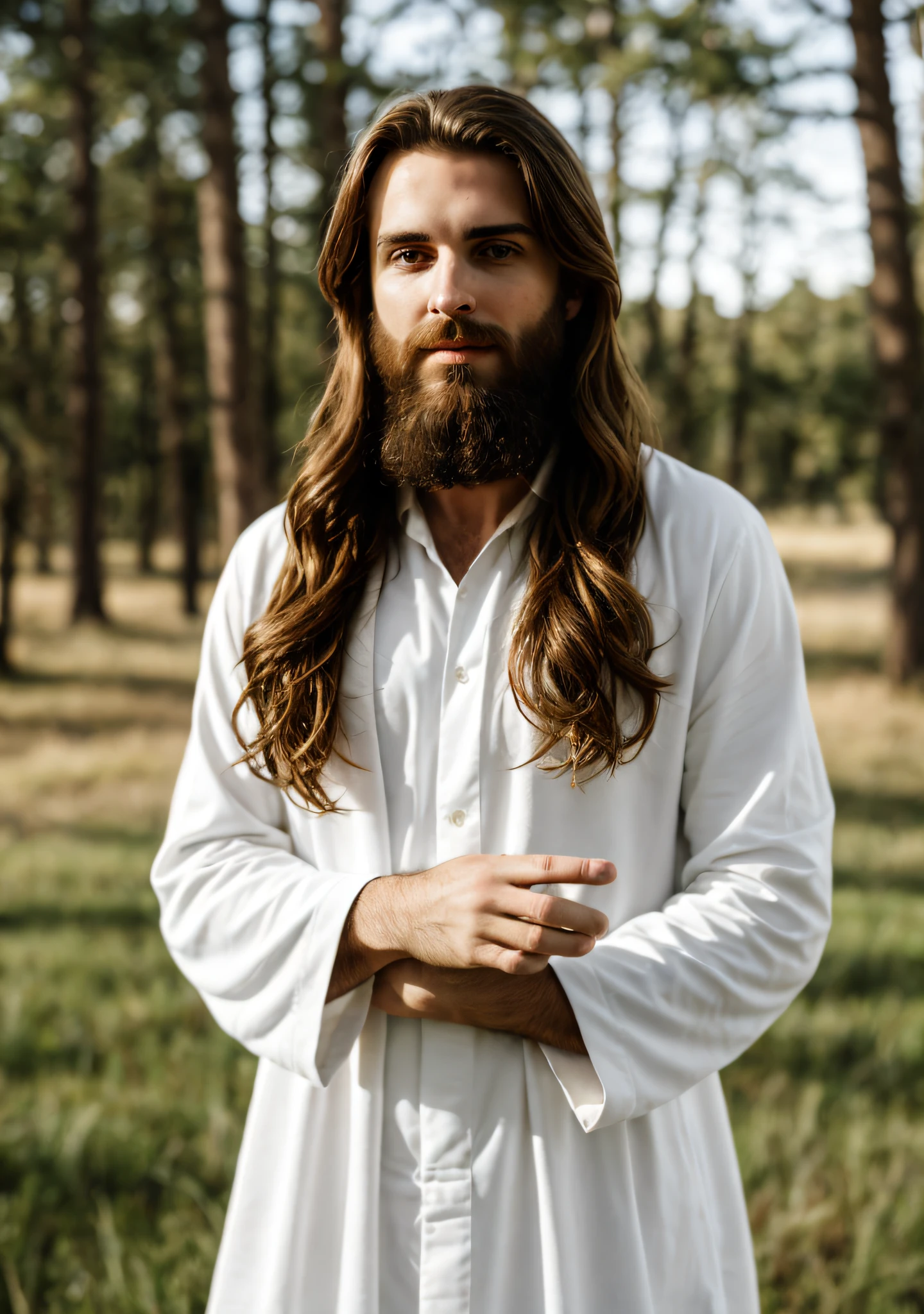 (very sharp photo:1.1), taken with the camera of the iphone BREAK selfie medium shot of a man with long hair and beard in a white robe, dressed as Jesus Christ, Jesus Christ, arms crossed, BREAK (ombre: 1.3) beautiful place, natureBREAK grain movie, very high quality, 8k, best quality, in a place with charming and dreamy scene of a fantasy forest,  with tall trees