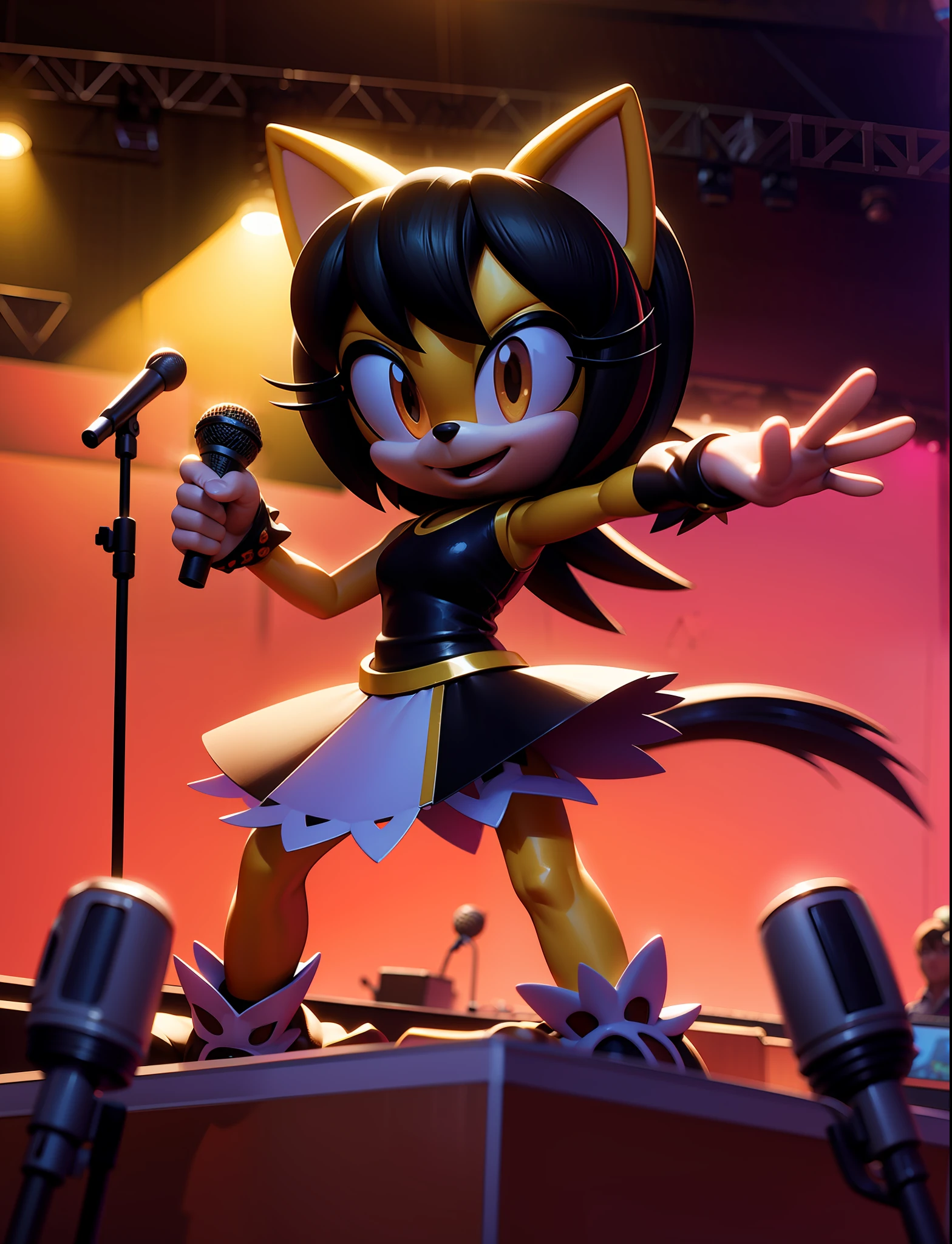 dynamic pose,  honey the cat, microphone,  on stage, crowd, casual clothes, masterpiece, soft lighting, very detailed, detailed background, field of view, intricate details, pastel