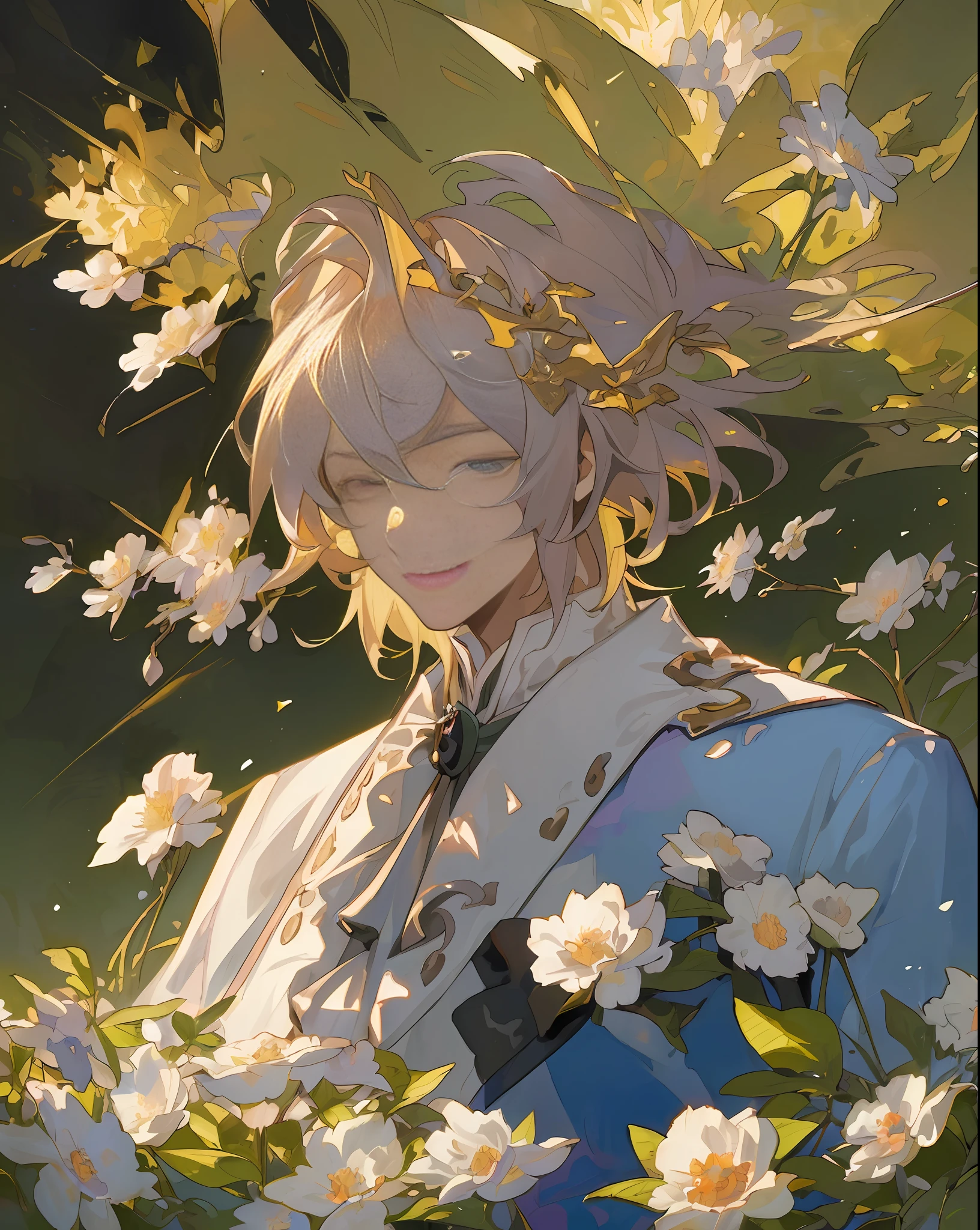 ((top quality, masterpiece)), comic art, concept art, watercolor, (((2 men)), Fate Of Grand Order, Antonio Salieri, Wolfgang Amadeus Mozart, forest, blooming flowers, sunlight, fantastic light and shadow, landscape, highly detailed face, portrait, smile, pose, particle, wind, flower, simple background, backlight and rim light used