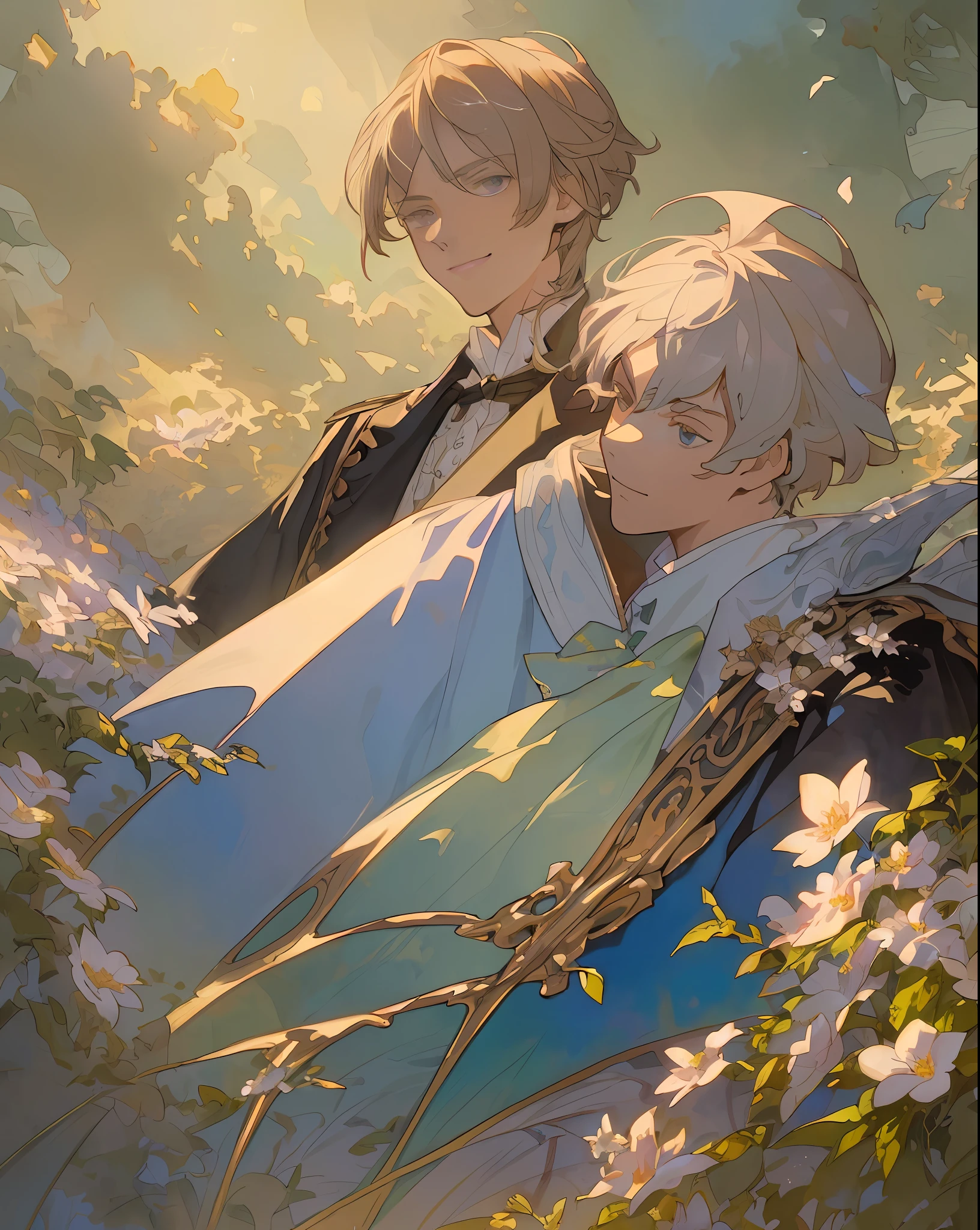 ((top quality, masterpiece)), comic art, concept art, watercolor, (((2 men)), Fate Of Grand Order, Antonio Salieri, Wolfgang Amadeus Mozart, forest, blooming flowers, sunlight, fantastic light and shadow, landscape, highly detailed face, portrait, smile, pose, particle, wind, flower, simple background, backlight and rim light used