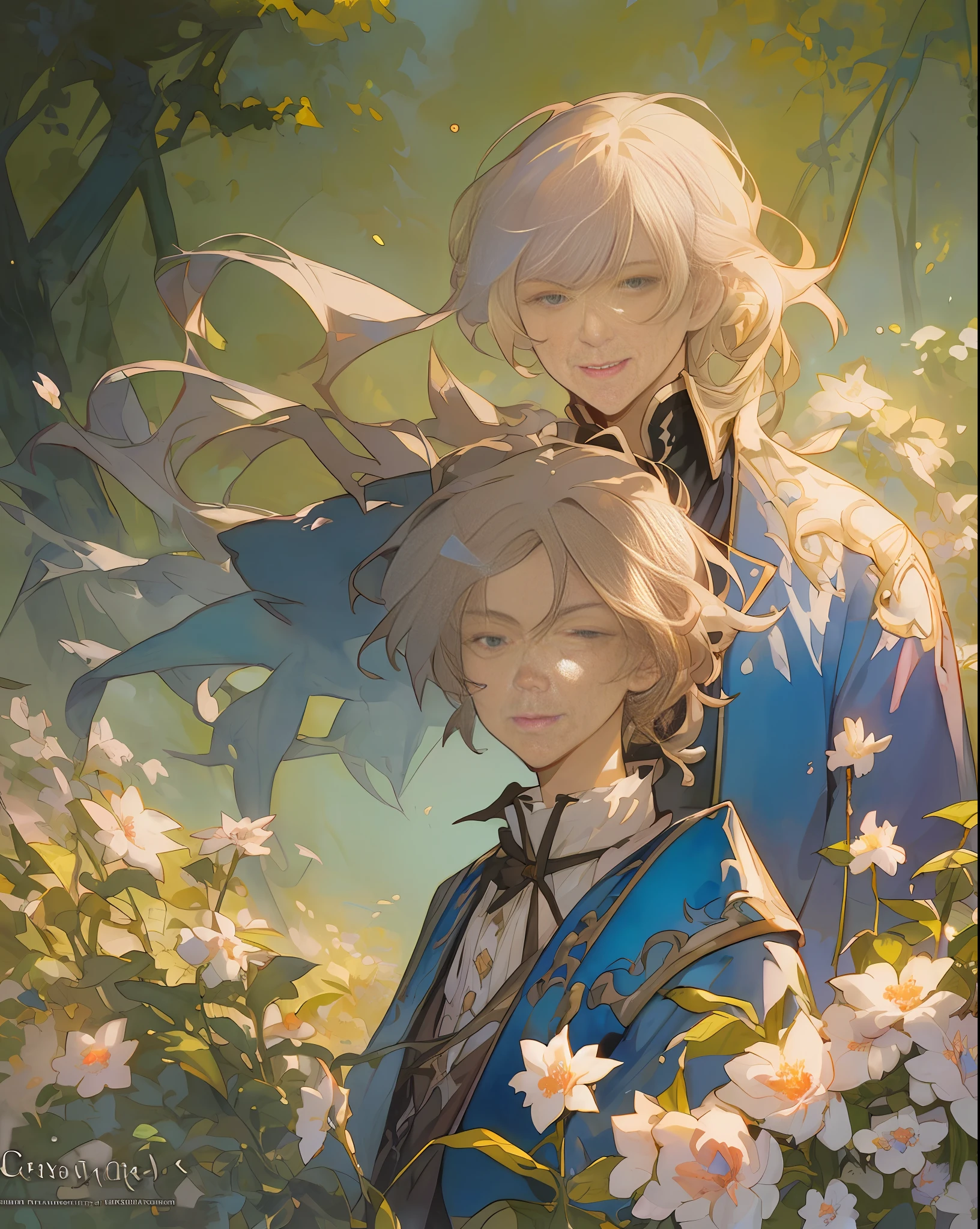 ((top quality, masterpiece)), comic art, concept art, watercolor, (((2 men)), Fate Of Grand Order, Antonio Salieri, Wolfgang Amadeus Mozart, forest, blooming flowers, sunlight, fantastic light and shadow, landscape, highly detailed face, portrait, smile, pose, particle, wind, flower, simple background, backlight and rim light used