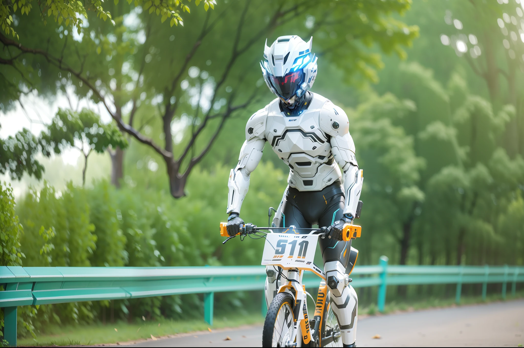 Cyber Male Warrior and Cyber Tech Bike, Full Body Mecha Male Warrior, Faceless Wearing Cyber Helmet, Nousr, Biomechanics, MSHN Robot Man, Cyber Tech Full Surround Helmet, Hyperreal, Steel, Intricate Design, Crazy Details, Fine Details, Extremely Clear Lines, Cinematic Lighting, Photo Realistic, Detailed Masterpiece