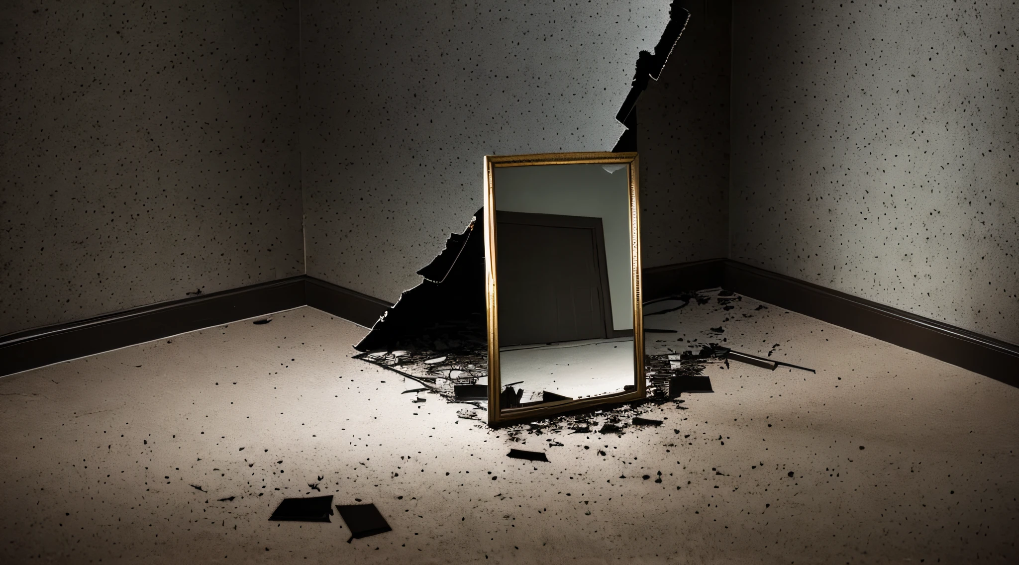 Broken mirror in a dark room at night