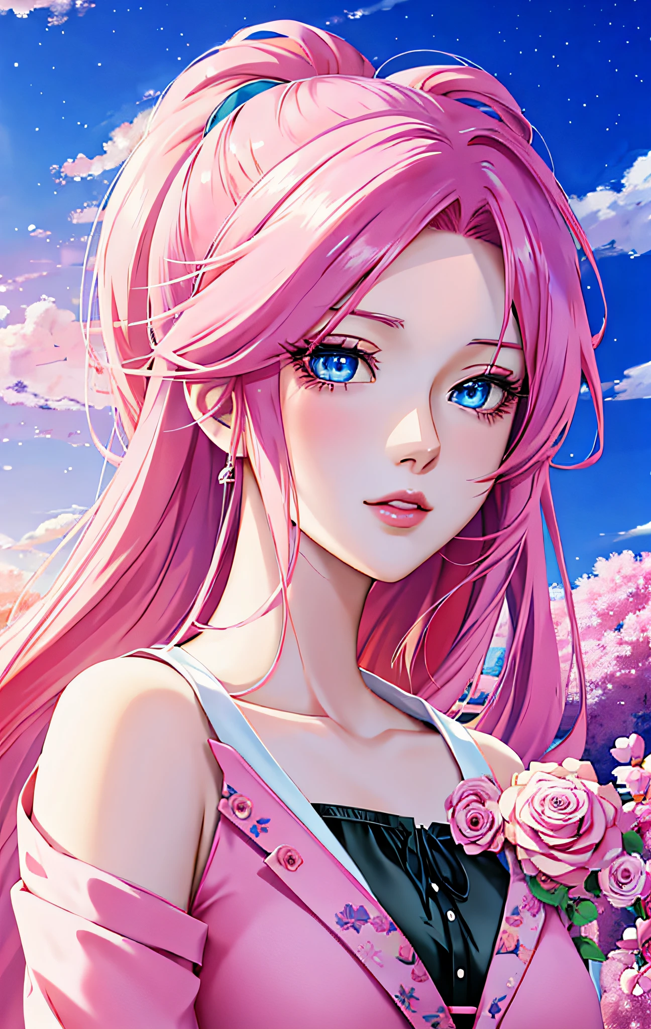 anime girl with blue eyes and pink hair holding a rose, anime digital art, stunning anime face portrait, beautiful anime face, beautiful anime portrait, anime art wallpaper 4k, anime art wallpaper 4 k, beautiful fantasy anime, beautiful anime girl, digital anime art, anime style 4 k, beautiful anime, beautiful digital art, gorgeous digital art, very beautiful digital art