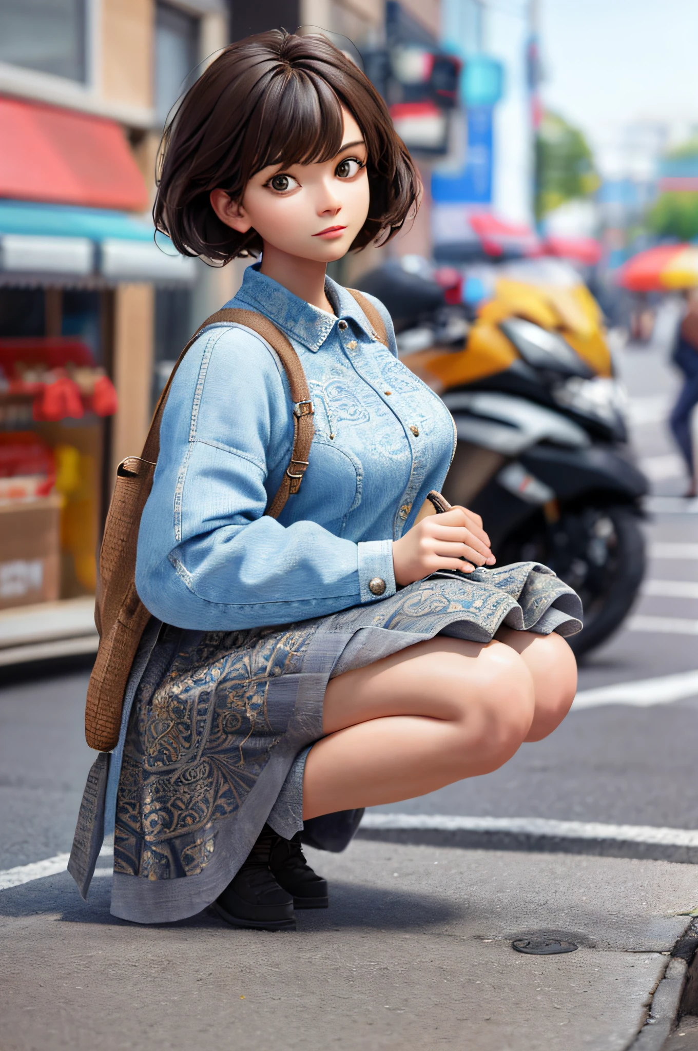 3d, 1girl, looking at the audience, street fashion, full body, squat, masterpiece, best quality, 8k, detailed skin texture, detailed cloth texture, beautiful detailed face, intricate details, super detailed, plump