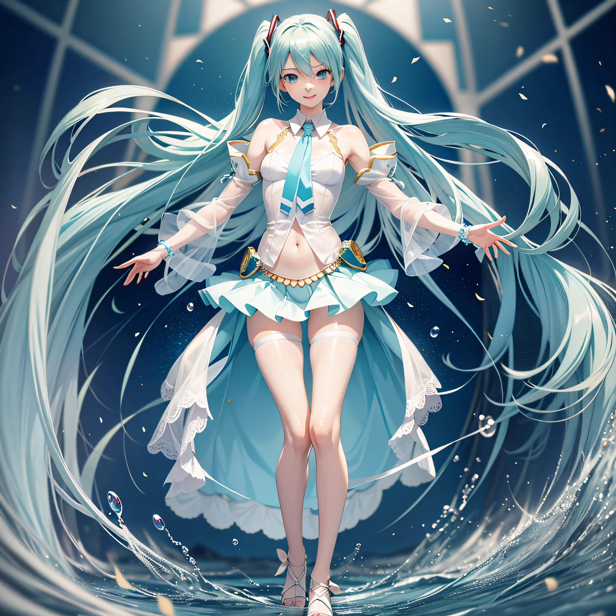 pale tones, photorealistic, beautiful attractive anime girl, super detailed, smile, beautiful blue eyes, beautiful style, hatsune miku, slender, gentle look, slender, (seductive anime girl), full body, beautiful skin, live stage, idol,