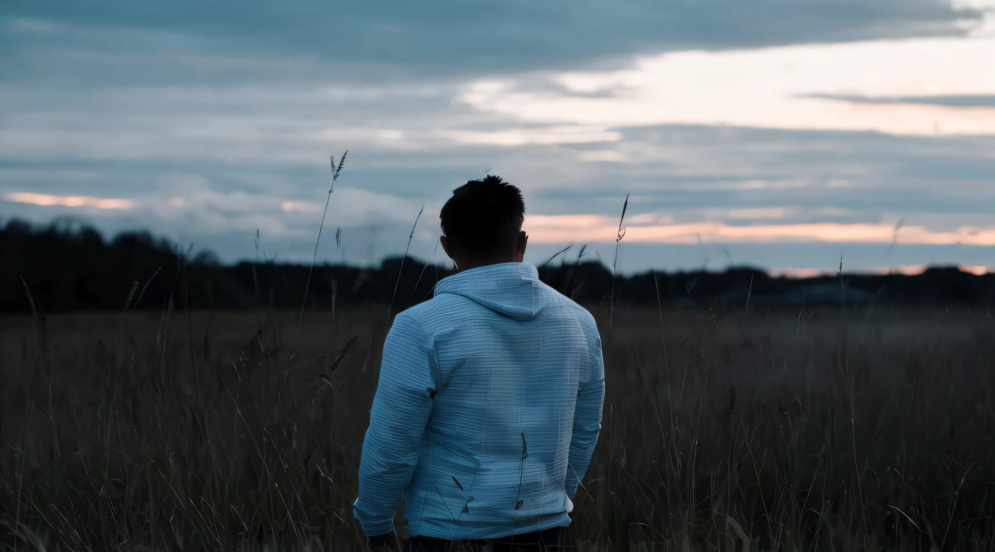 there is a man standing in a field looking at the sky, standing in a field, standing alone in grassy field, standing in a barren field, standing in a grassy field, standing in grassy field, standing in the grass at sunset, looking out at a sunset, lost in thought, in the middle of a field, in a field, looking off into the distance