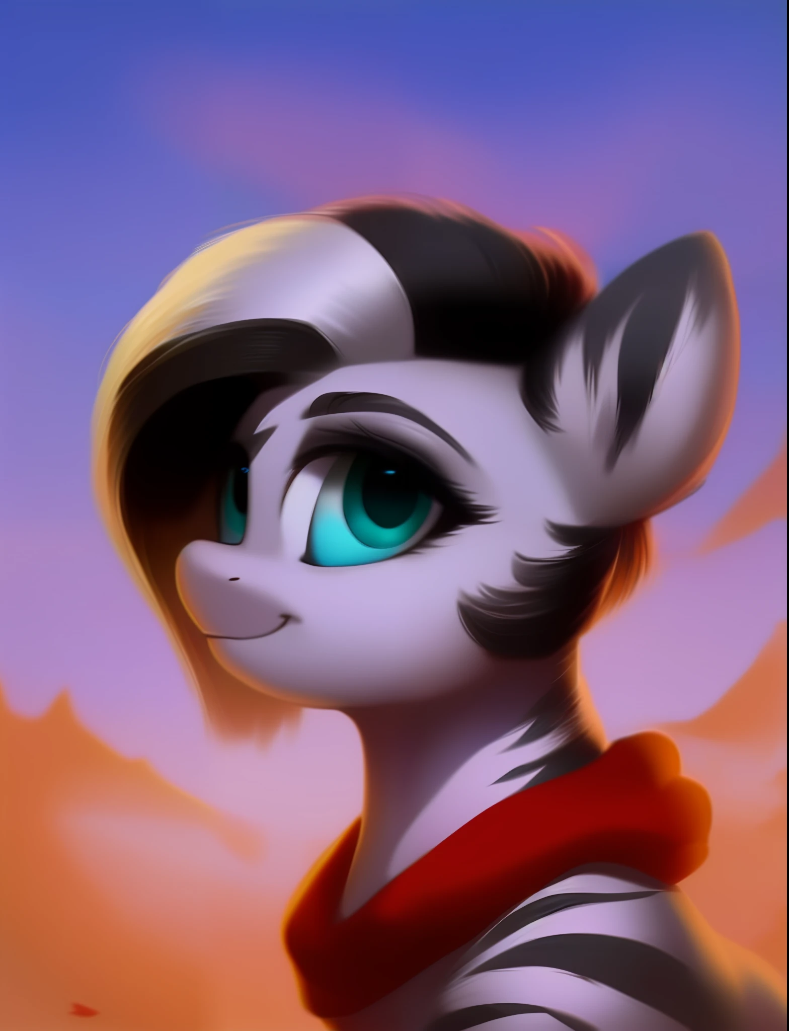 score_9, zebra, black and white hair, tiny braids in hair, short bob cut hair, feral_pony, detailed cyan eyes, solo, fit body