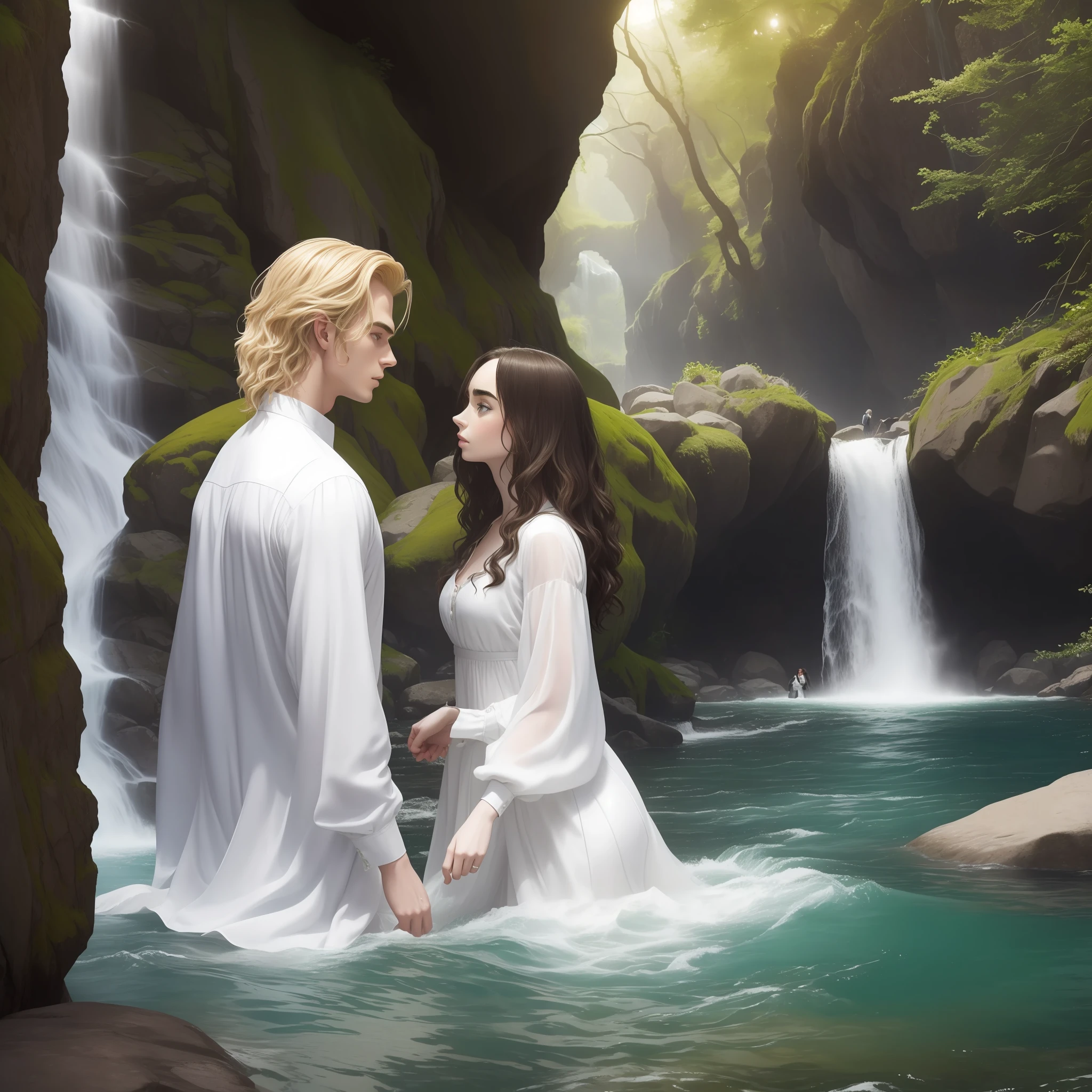 Lily Collins, who has black curly hair. wearing simple medieval white medieval dress. the Neels Visser wears an unbuttoned white long sleeve shirt and has blonde hair. The couple is swimming in the river, the clothes and hair wet, the river is crystal clear, has rocks and a waterfall at the bottom. The image is extraordinary.
