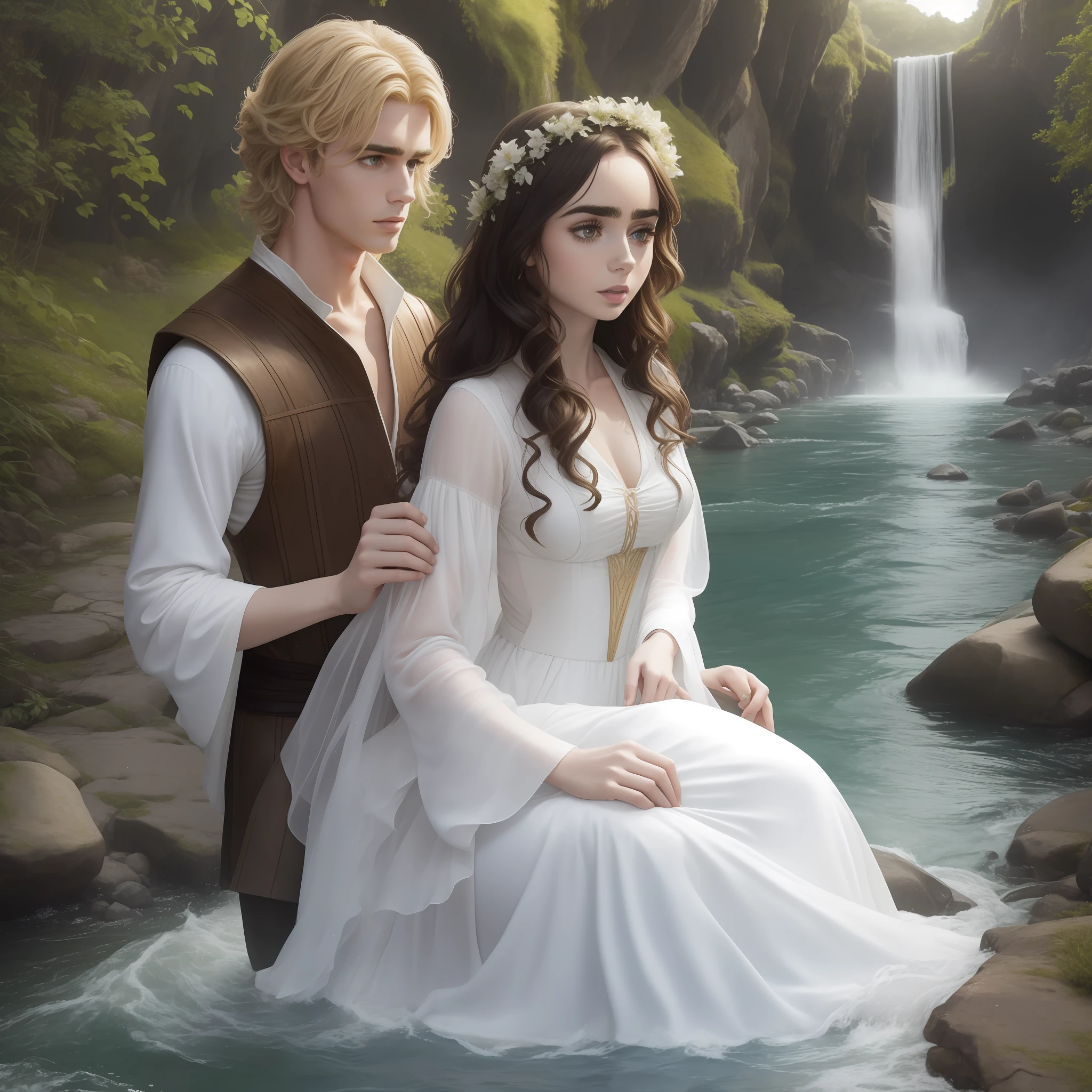 Lily Collins, who has black curly hair. wearing simple medieval white medieval dress. the Neels Visser wears an unbuttoned white long sleeve shirt and has blonde hair. The couple is swimming in the river, the clothes and hair wet, the river is crystal clear, has rocks and a waterfall at the bottom. The image is extraordinary.