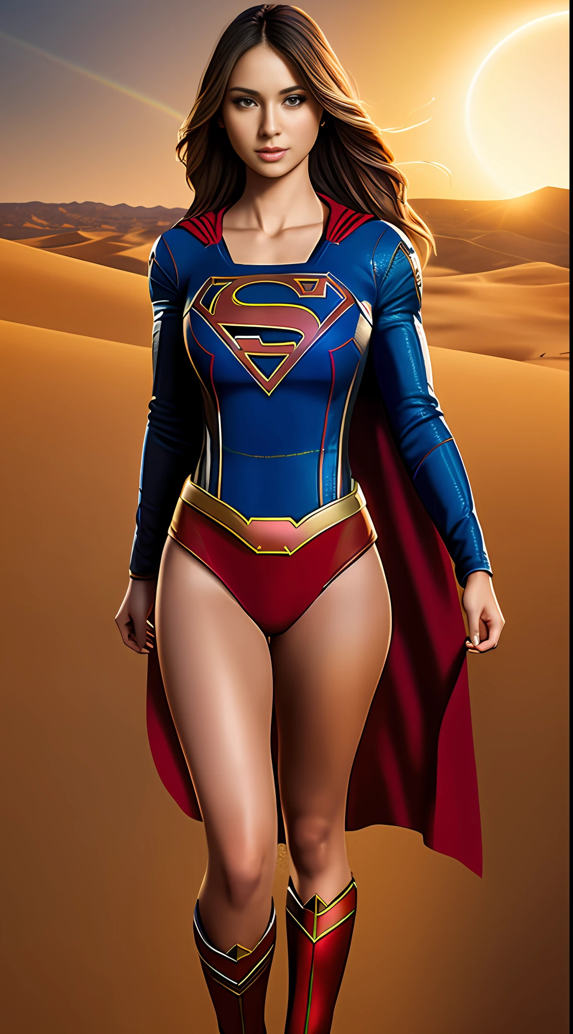 Create the sasha calle, photo of (Supergirl:1.1), Full body photography, with short hair, of the most beautiful artwork in the world, a beautiful woman in intricate costume burning in the desert, rainbow colors, ArtStation, CGSociety, complex, high detail, clear focus, dramatic, realistic pictorial art trends Greg Rutkovsky