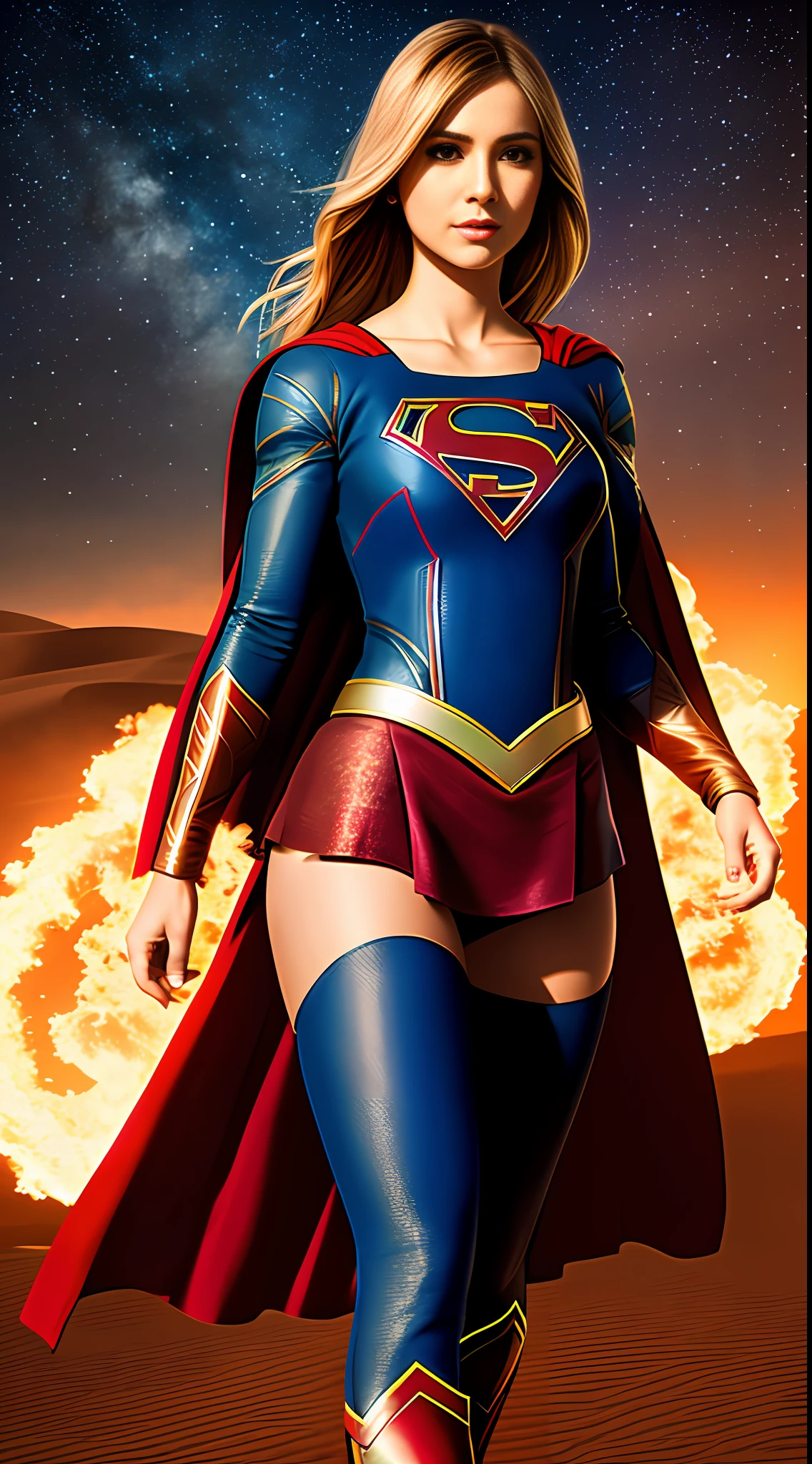 Create the sasha calle, photo of (Supergirl:1.1), Full body photography, with short hair, of the most beautiful artwork in the world, a beautiful woman in intricate costume burning in the desert, rainbow colors, ArtStation, CGSociety, complex, high detail, clear focus, dramatic, realistic pictorial art trends Greg Rutkovsky