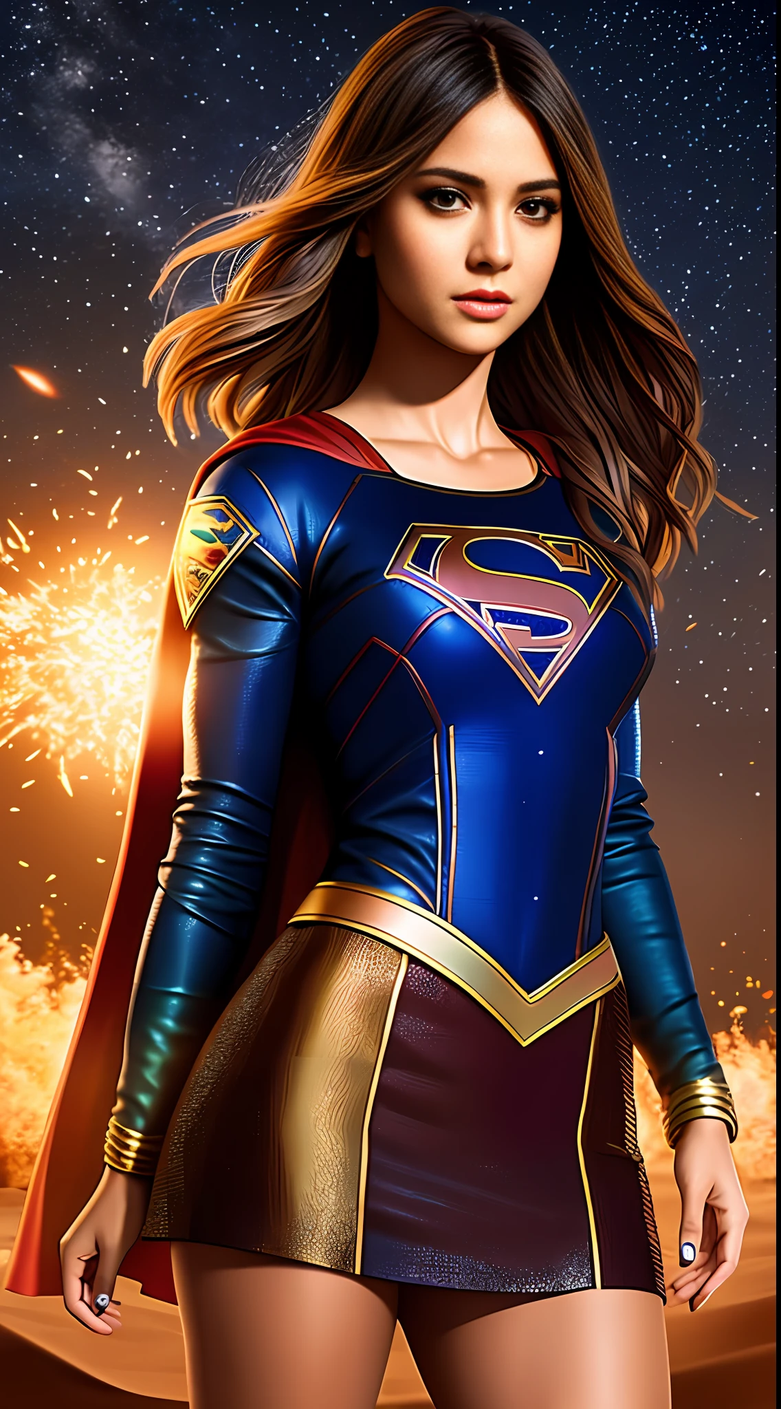 Create the sasha calle, photo of (Supergirl:1.1), Full body photography, with short hair, of the most beautiful artwork in the world, a beautiful woman in intricate costume burning in the desert, rainbow colors, ArtStation, CGSociety, complex, high detail, clear focus, dramatic, realistic pictorial art trends Greg Rutkovsky