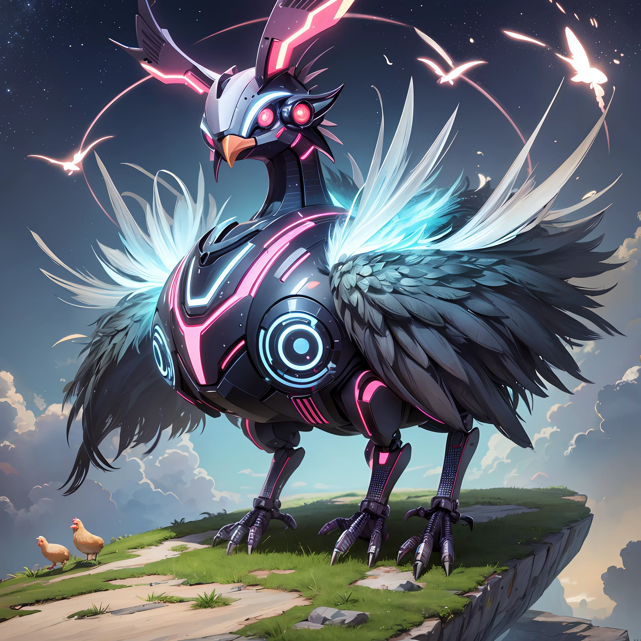 A futuristic universe where chickens are robotic, are taking over the planet and communicate with humans --auto --s2