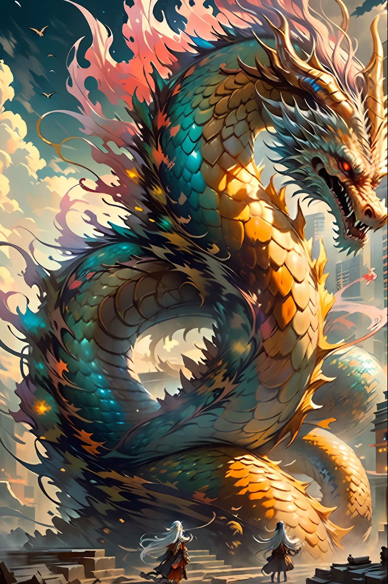 Best quality, masterpiece, super high resolution, no human, (length: 1.2), (fine: 1.2), snake body, long hair, sharp teeth, red eyes, teeth, giant, 1 girl, bird, outdoors, standing, scale, cloud, horn, from behind, armor, sky, open mouth, confrontation, charge, monster, size difference, white hair, buildings, valley, (realistic texture: 1.2), (glowing multicolored scales: 1.2), (realistic details: 1.2), ([front|side] :1.1), HDR, ultra-refined 3D modeling, as magical as the style paintings painted by Tim Burton, Dale Chihuly, Xiaolongcheng, Cyril Rolando and other authors such as Jr. Gigue. Shadows and lighting intertwine to create brilliant effects.