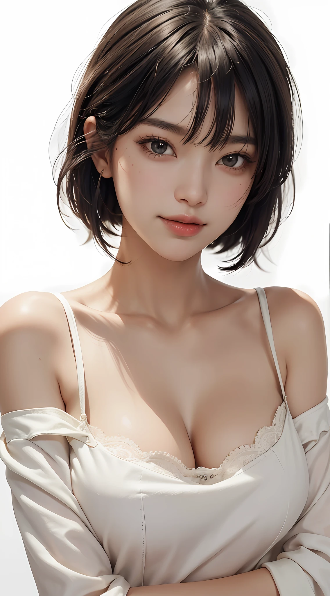(Best Quality, 8k, 32k, Masterpiece, UHD: 1.2), Cute Japan Woman Pictures, One Girl, (Big), (Tall Women), (Abs), (Lips), Closed Mouth, (Medium Short), Double Eyelids, Wet Skin, Only One Very Beautiful Woman, Very Sexy Body, Gaze Looking Directly At the Camera, Golden Ratio Face, Golden Ratio Body, Big Breasts Looking Directly At the Camera, Part-time sexy look, chest between arms to create cleavage, chest closer, coquettish smile, very happy smile, glossy, big eyes, highlights in pupils, clear double eyelids, eyelashes, long neck, beautiful short hair, glossy dark black hair, bangs, pure white background, empty background, transparent white off-shoulder, clothes that seem to be visible but not visible, Overwhelming attraction