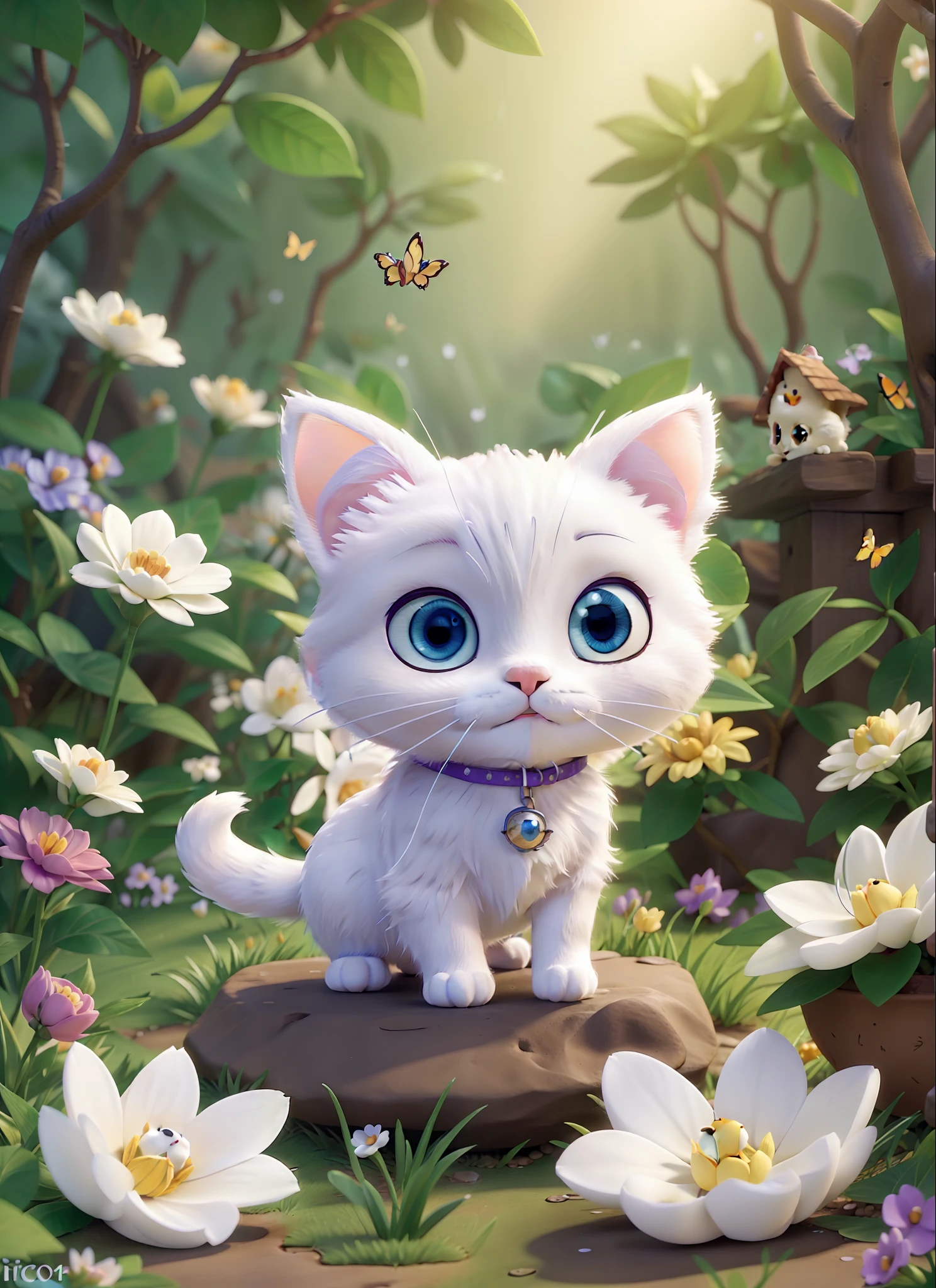 (micro white cat, fantasy, chibi, pixar character: 1.2), nature, flowers, butterflies, volumetric lighting: 1.1