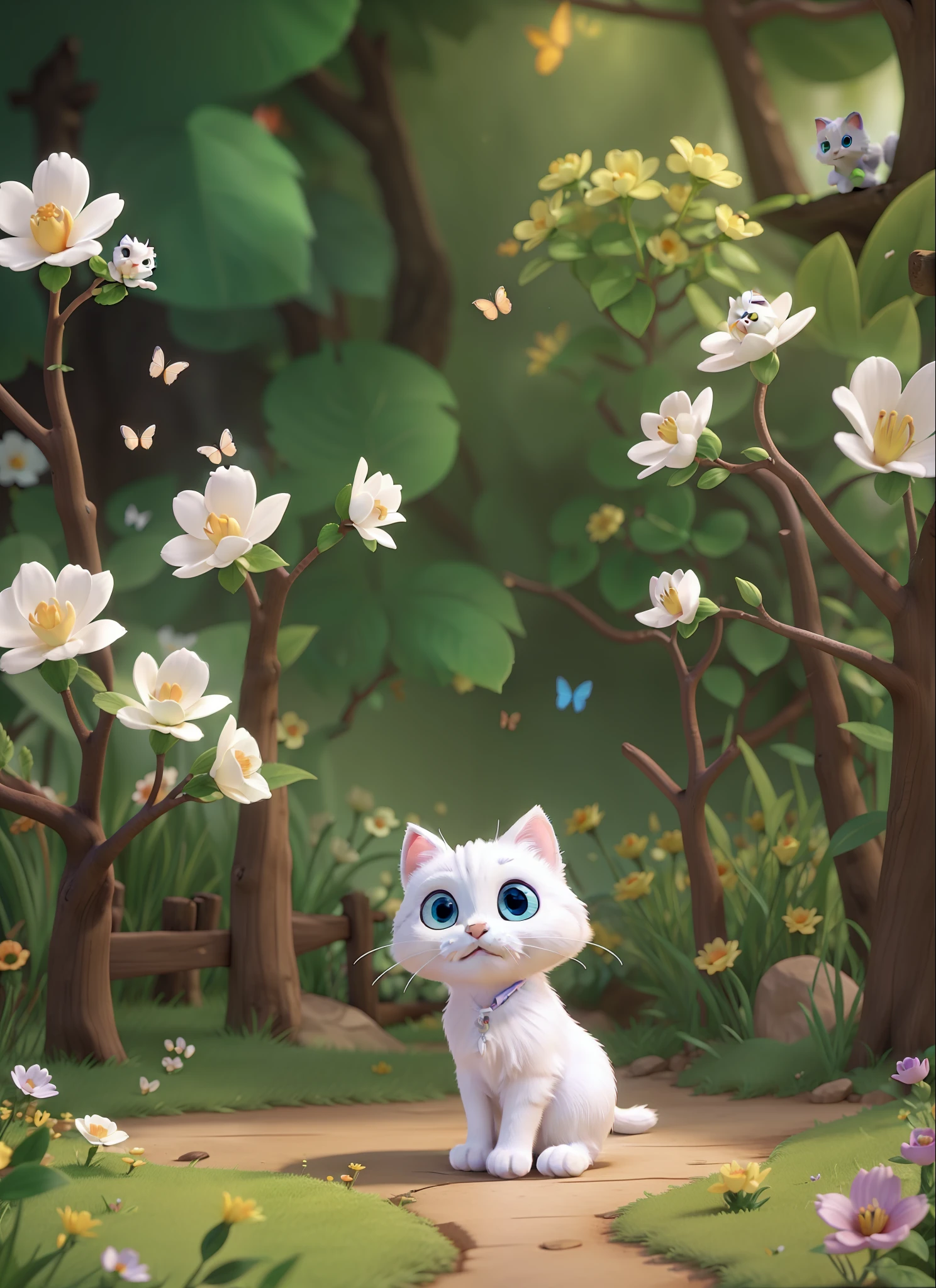 (micro white cat, fantasy, chibi, pixar character: 1.2), nature, flowers, butterflies, volumetric lighting: 1.1