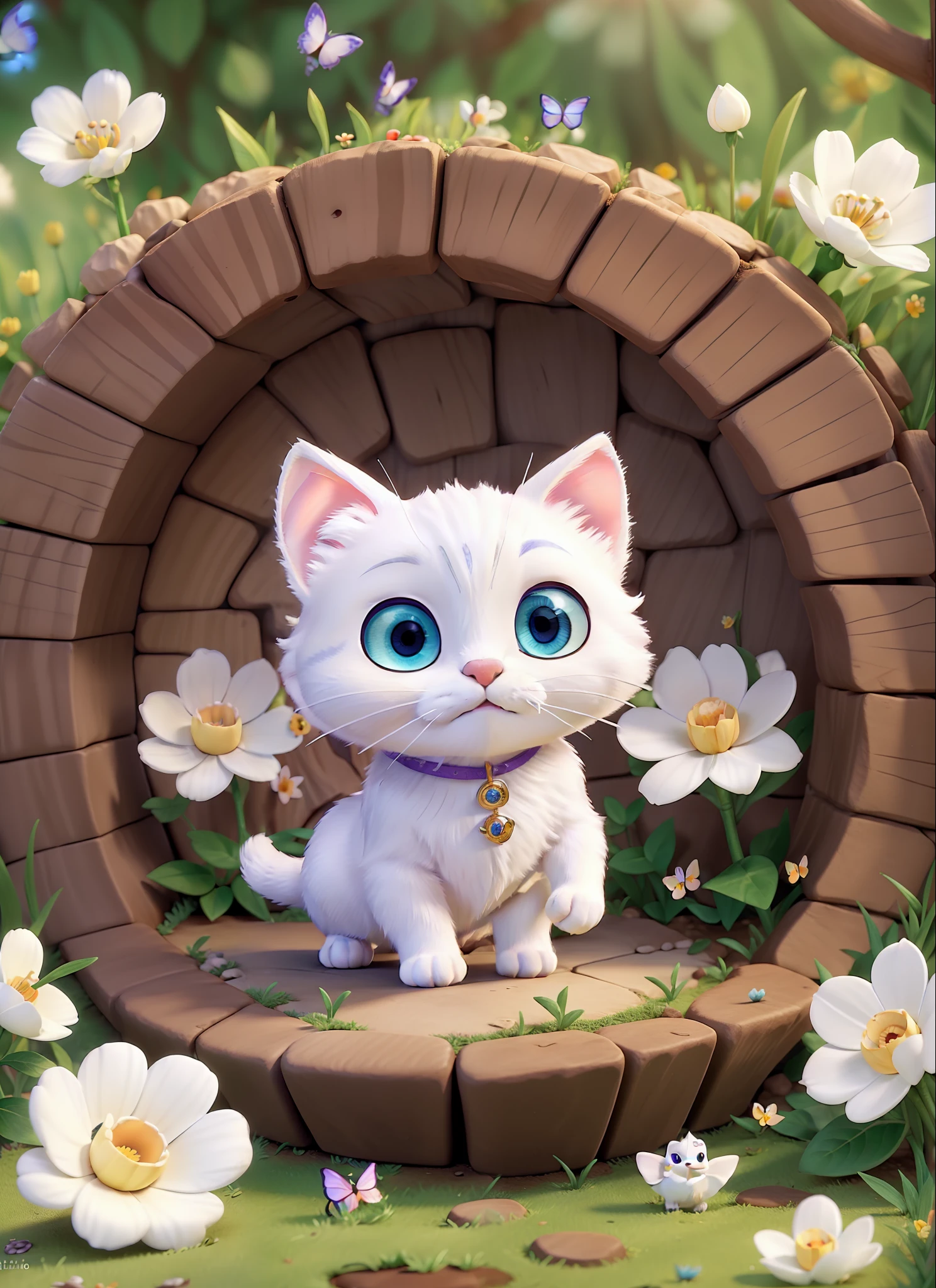 (micro white cat, fantasy, chibi, pixar character: 1.2), nature, flowers, butterflies, volumetric lighting: 1.1