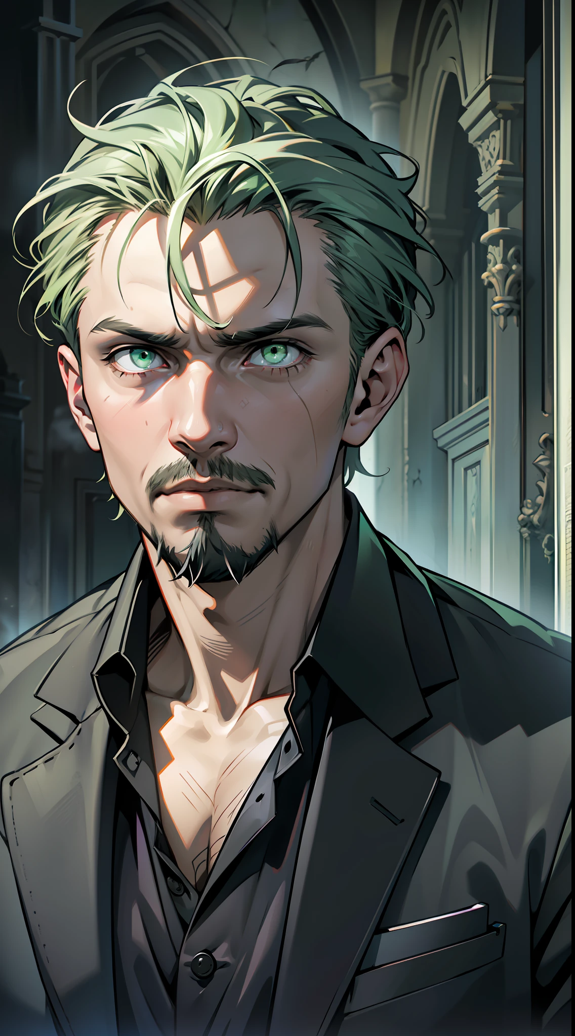 (extremely detailed 8k wallpaper), dark theme, modern horror, 2020s, (man), creepy, goatee, wearing black suit, sharp focus, (subsurface scattering:1.1), award-winning photography, centered face, realistic photo, Will003's face, half-body shot:1.1, 50 years old, short gray hair, supernatural light green eyes, indifferent expression, abandoned mausoleum entrance, dramatic lighting
