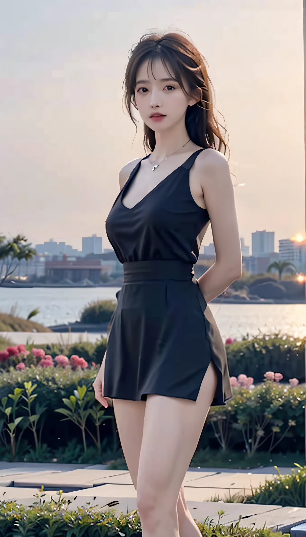 Masterpiece, best quality, (realistic, photorealistic: 1.37), 8k, an extremely refined and beautiful, amazing, fine details, official art, ridiculous, incredibly ridiculous, huge file size, super detailed, extremely detailed, beautiful meticulous girl, 1 girl, (perfect female figure), full body, short skirt, long legs, no breasts.