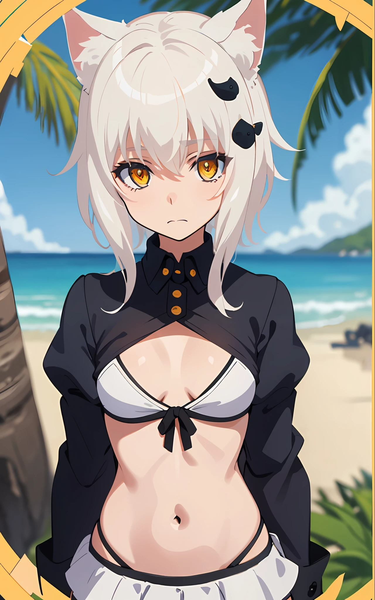 Best quality, (masterpiece:1.2), highly detailed, standing, beach, cat ears, 1girl, solo, tojo koneko, looking at the viewer, closed mouth, (upper body:1.2), small breasts, yellow eyes, white hair, short hair, hair decoration, ruffled bikini, erotica