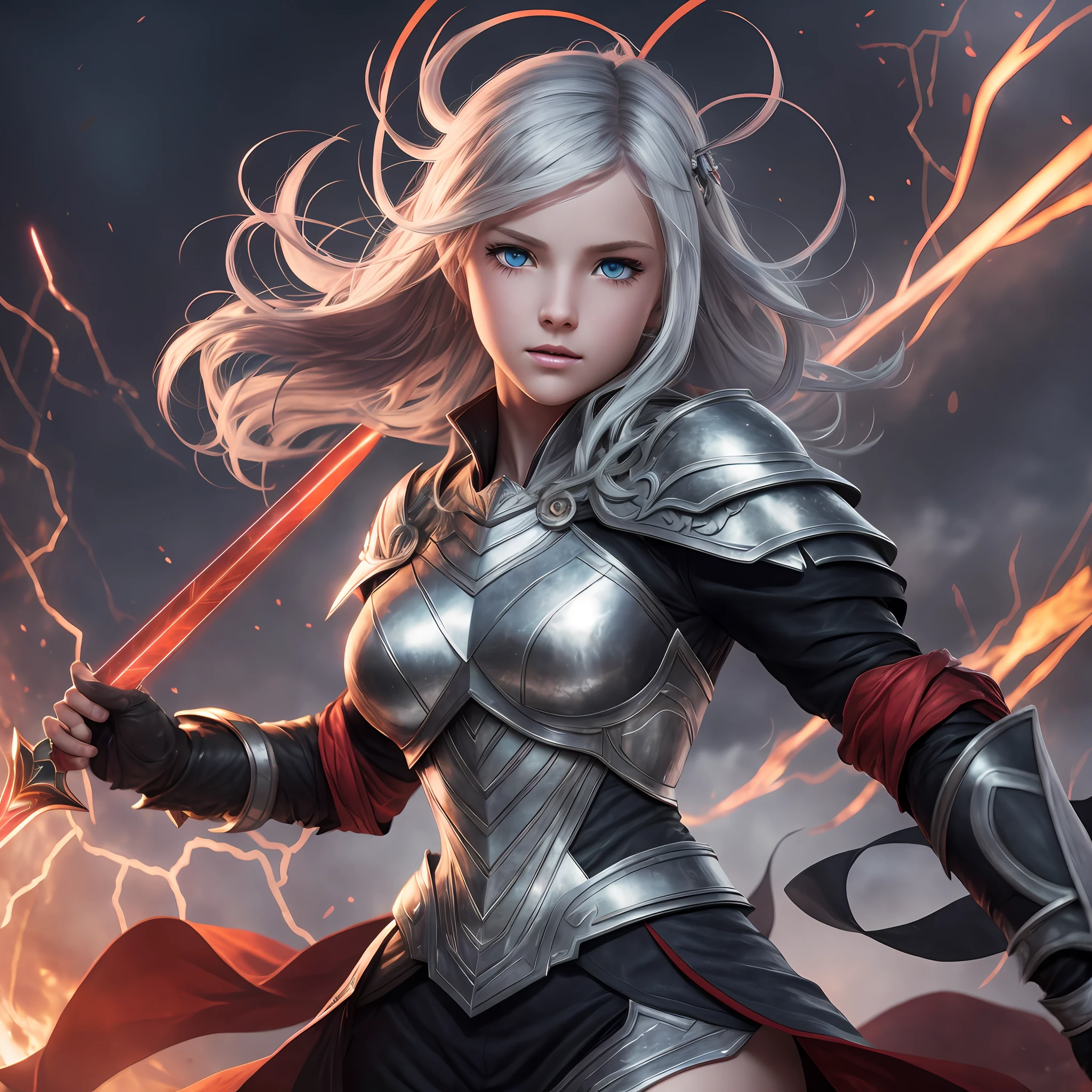 Granblue Fantasy style.In a scene crackling with red electric energy, a long silver-haired girl commands attention. Her striking appearance is enhanced by her heterochromia eyes— one burning with a fiery red, while the other gleams in a radiant yellow hue. An air of mystery and power surrounds her.
Adorning her head is a feather-shaped circlet, adding a touch of ethereal elegance to her ensemble. The circlet is intricately crafted, with delicate feathers forming an ornate crown that accentuates her silver locks.
Surrounded by arcs of red lightning, the silver-haired girl wields a pair of contrasting swords with masterful finesse. In her left hand, she holds a reversed short sword, its blade shimmering with a crimson sheen that crackles with electric energy. On her right hand, she grips a longer sword, its blade enveloped in a brilliant red lightning bolt, pulsating with raw power. The swords' intricate designs hint at a rich history and a connection to the girl's enigmatic origins.
As she unleashes her combat skills, bolts of red lightning illuminate the scene, casting a brilliant display of red electric radiance. The intense flashes of red and orange lightning highlight the silver strands of her hair and intensify the captivating colors of her heterochromia eyes— one glowing with a fiery red hue, while the other shines with a radiant yellow. Her body is clasped by white knight armor were dirtied and battle torn.