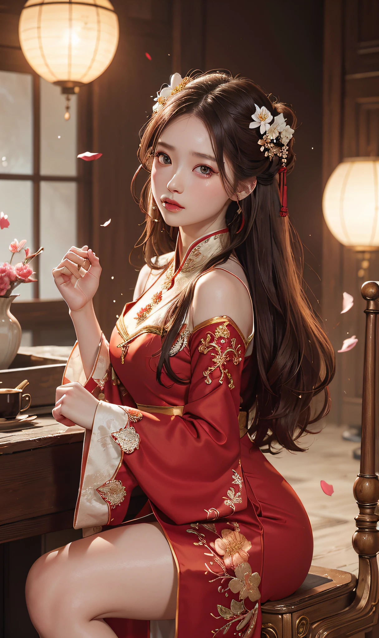 Superb Quality, Masterpiece, High Resolution, (Exquisite Body: 1.5), Stunning Beauty, (Milky Skin: 1.3), Exquisite Details, High Resolution, Wallpaper, 1 Woman, Solo, Dress, Hair Accessories, (((Red Dress)) ), Flower, Long Hair, Brown Hair, Shut Up, Accessories, Long Sleeves, Raised Hands, Wide Sleeves, Big Eyes, Flowing Hair, Hanfu, Hanfu, Embroidery, Long Skirt, Natural Pose, Falling Petals, (Calf Injury), Fanning, 16K, HDR, High Resolution, Depth of Field, (Film Grae: 1.1), Bocon, Primetime, (Lens Glow), Vignette, Rainbow, (Color Grading: 1.5)