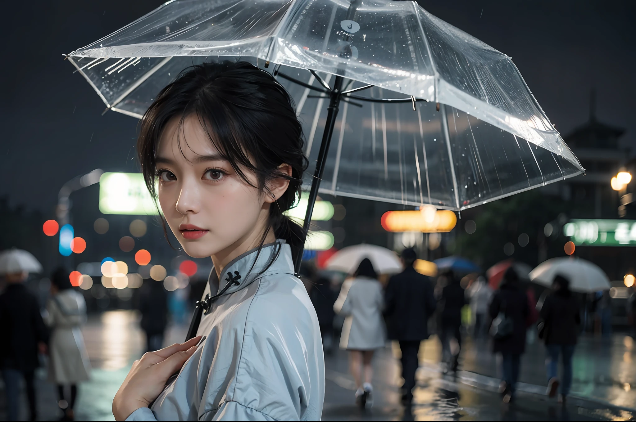 Realistic, close-up, high detail original color photo professional, high detail face, night, night scene, a beautiful woman in cheongsam, side shot, holding an umbrella, walking alone on the streets of Hong Kong, wind and rain, rain sounding, 1980, dramatic color grading, dynamic angles, detail wearing, hyper-detail face and eyes, bokeh, du ke feng photography,