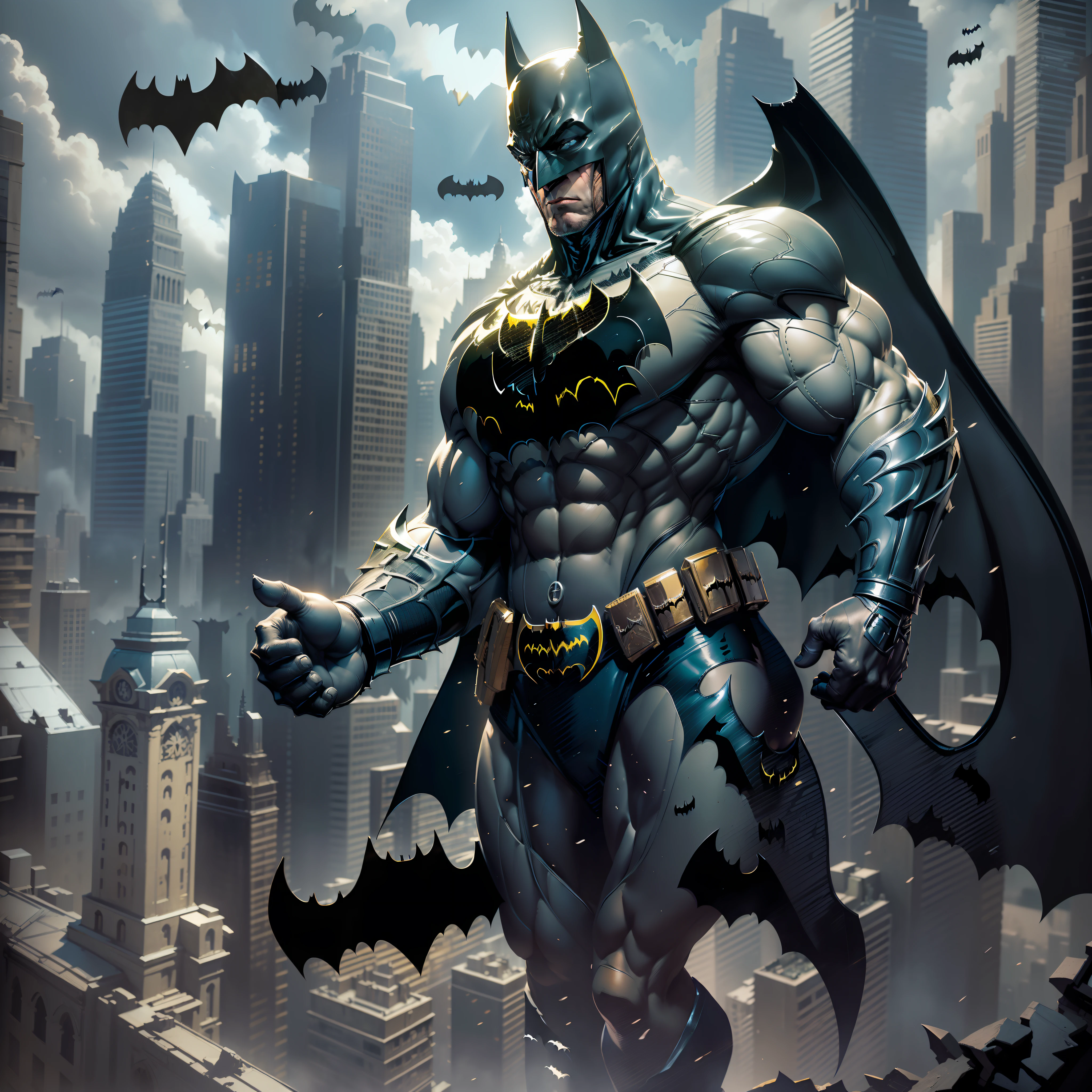 (Masterpiece, Superb Quality, Super Detail, High Resolution), Male Focus, (((Batman))), (((Muscular Man)))), (((Muscle Detail))), (((Batman Armor)))) Fist with both hands, pose for photo, city ruins, background details, (((Full body))), (((Batman Huge Sense))